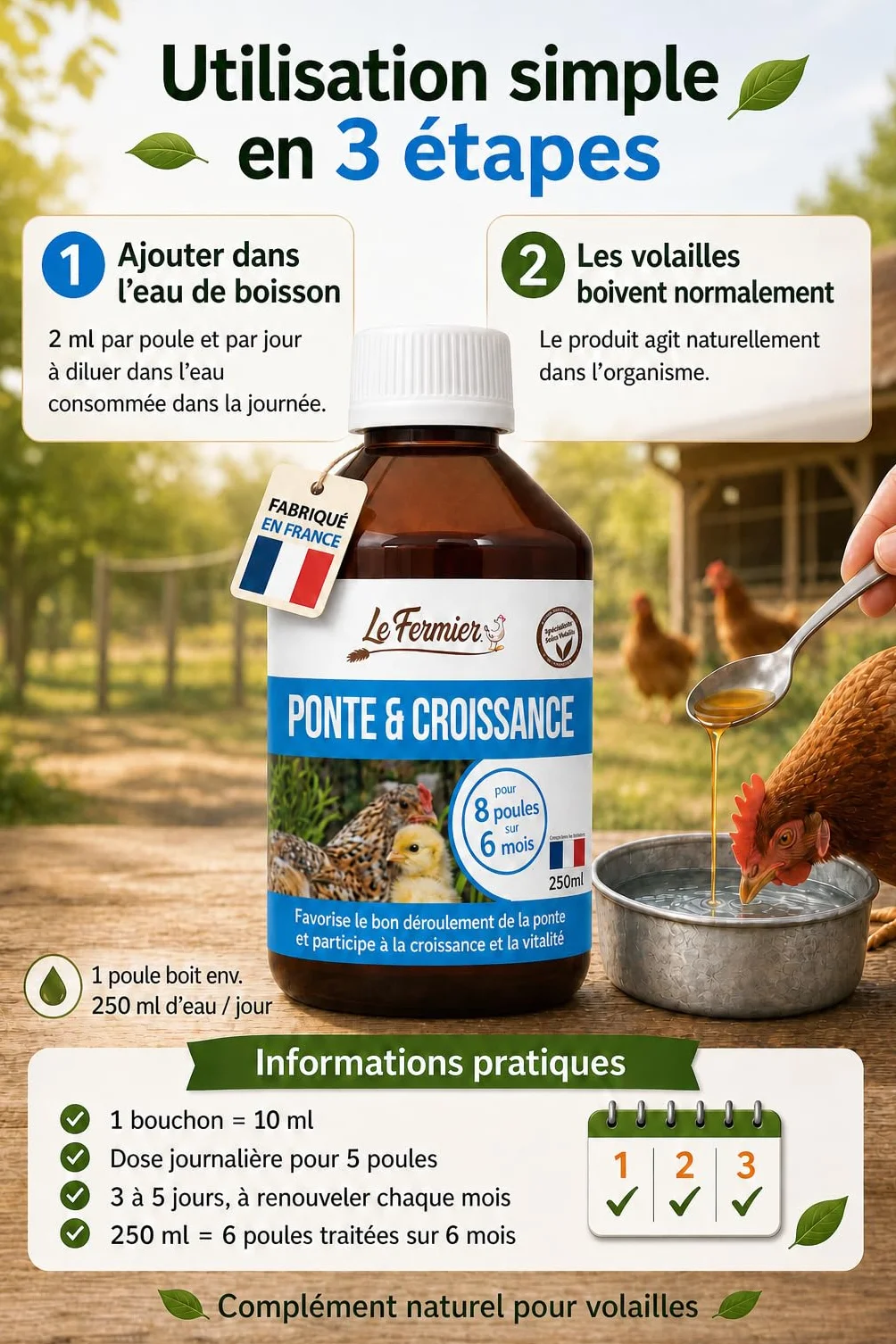 Ponte & Croissance 250 ML Complément Alimentaire Liquide pour Poules et Volailles