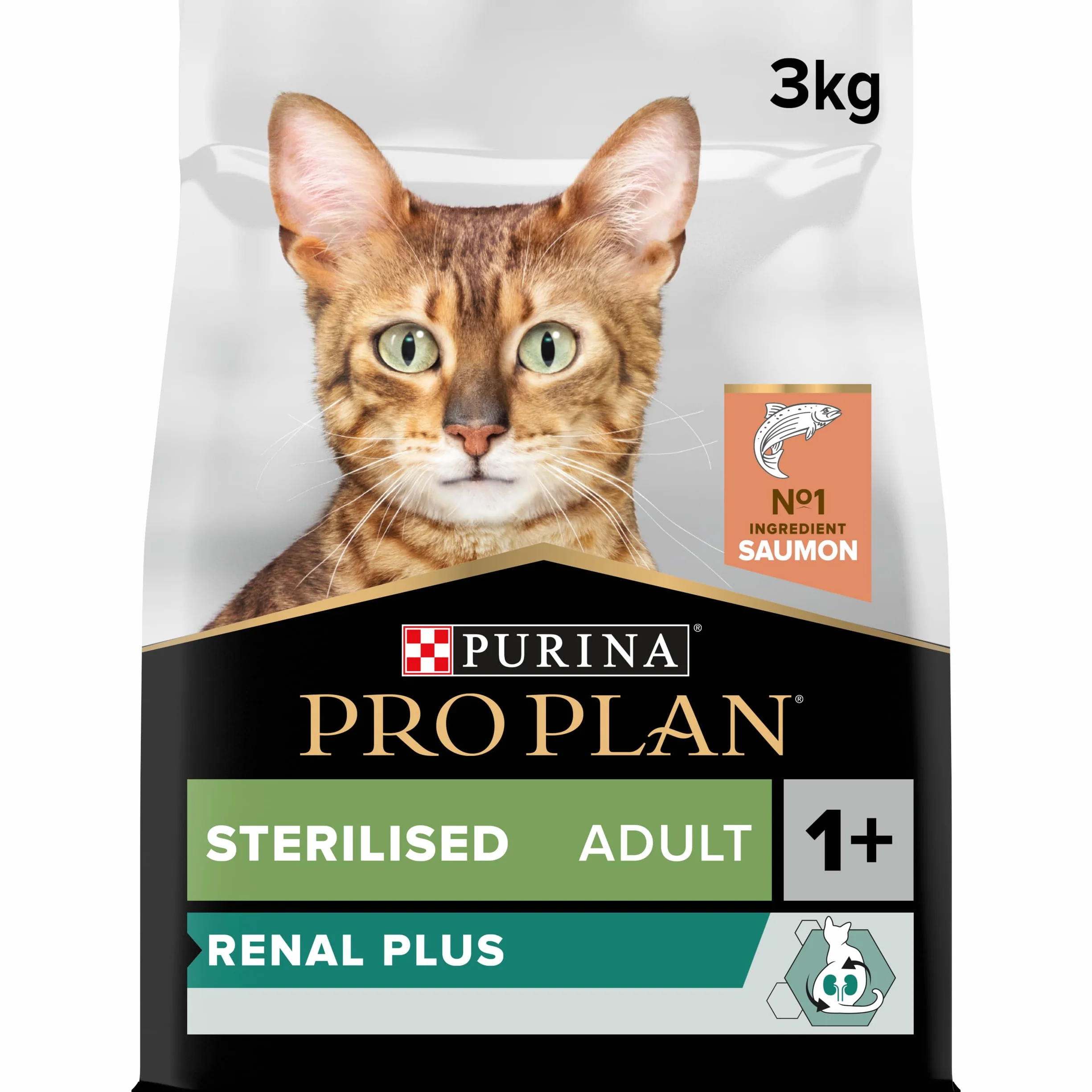 PURINA PRO PLAN | Renal Plus | Chat | Croquettes complètes pour Chat Adulte Stérilisé | Aide au maintien d'une fonction rénale saine et du système urinaire | au Saumon | Sac | 3Kg
