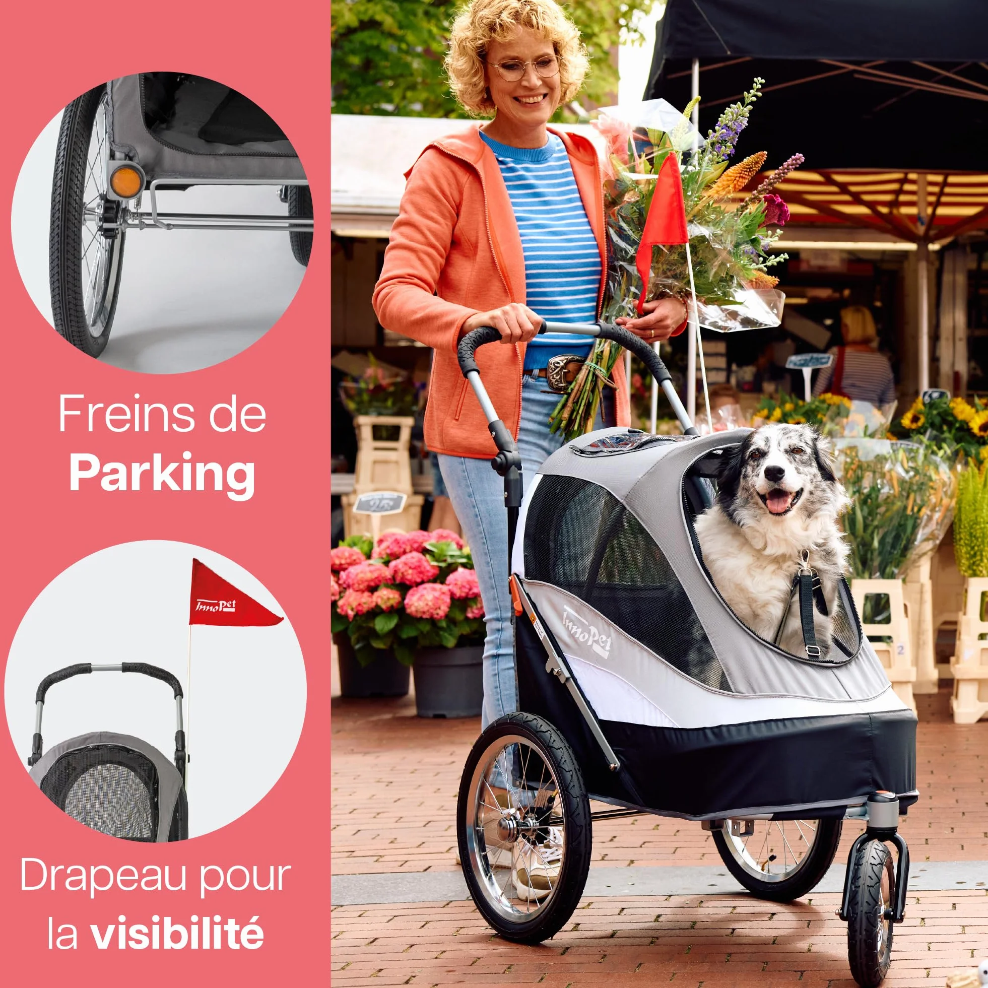 Innopet Sporty Dog Trailer Deluxe Noir/Argent - Poussette pour chien et remorque pour vélo 2 en 1, capacité 30 kg
