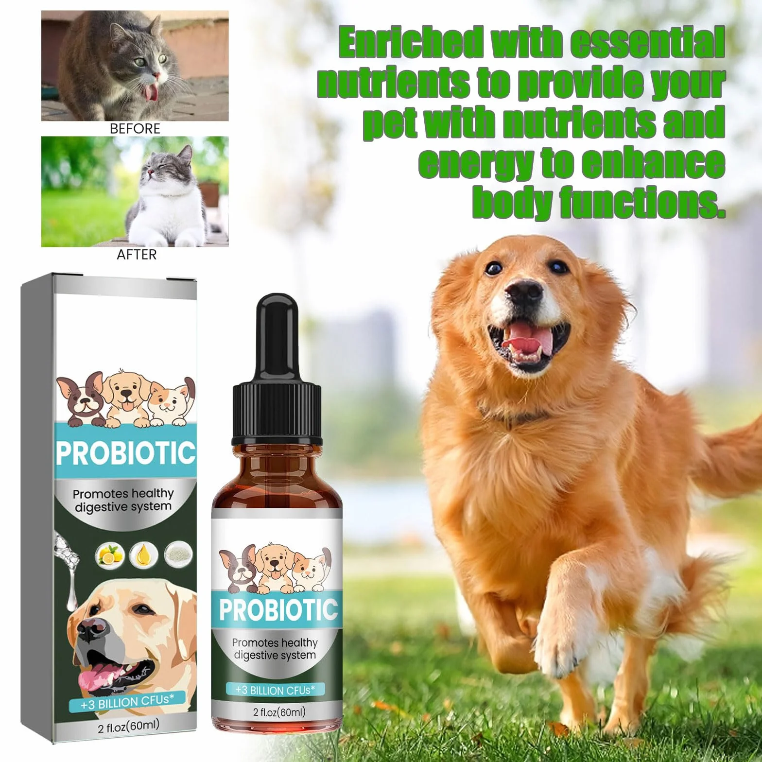 Probiotiques Chien Chat 60ML Antibiotiques pour Chats Soulagement Constipation