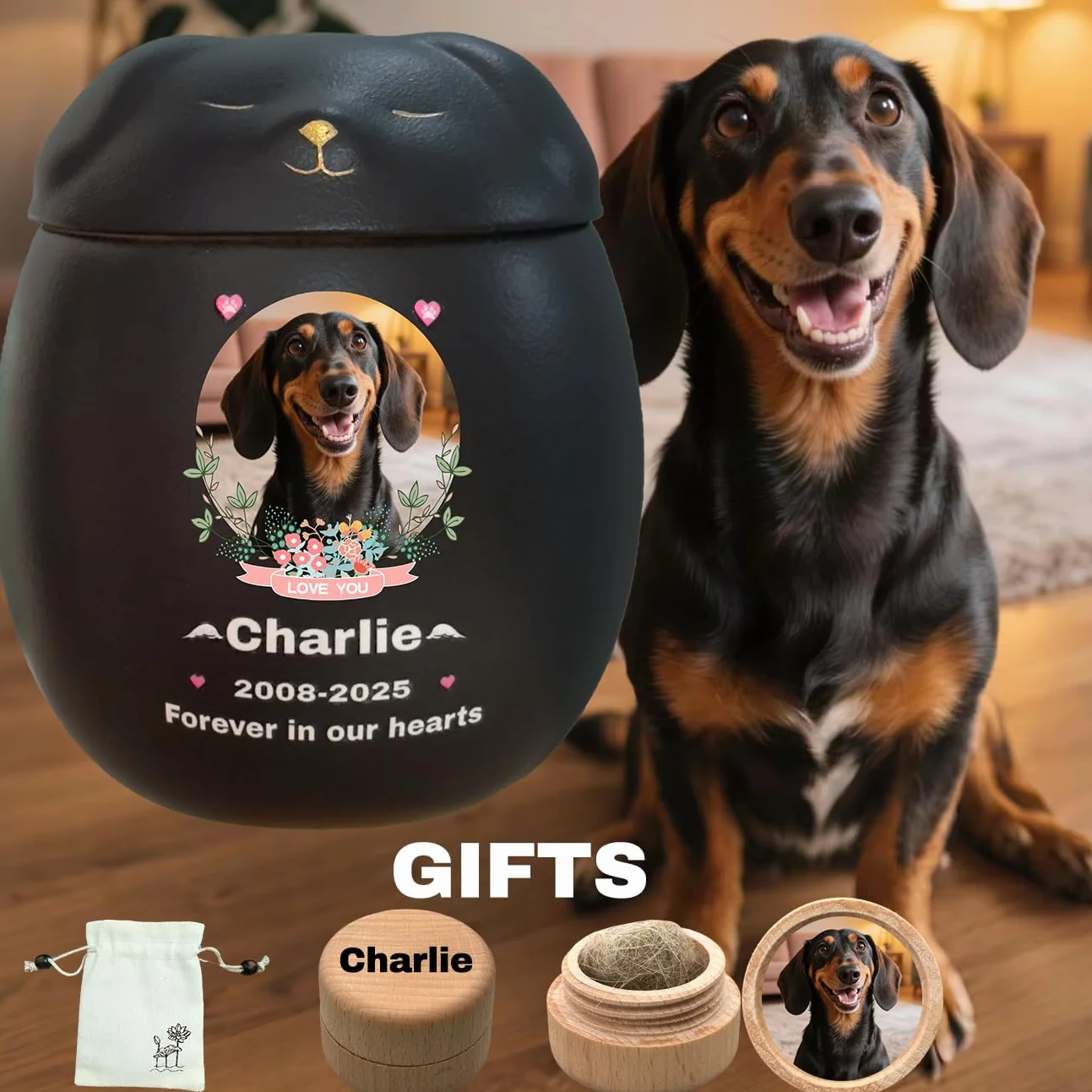 Urne Personnalisée pour Chien en Céramique, Boîte à Souvenirs Fait à la Main, Petit Noir pour Cendres ≤10 kg