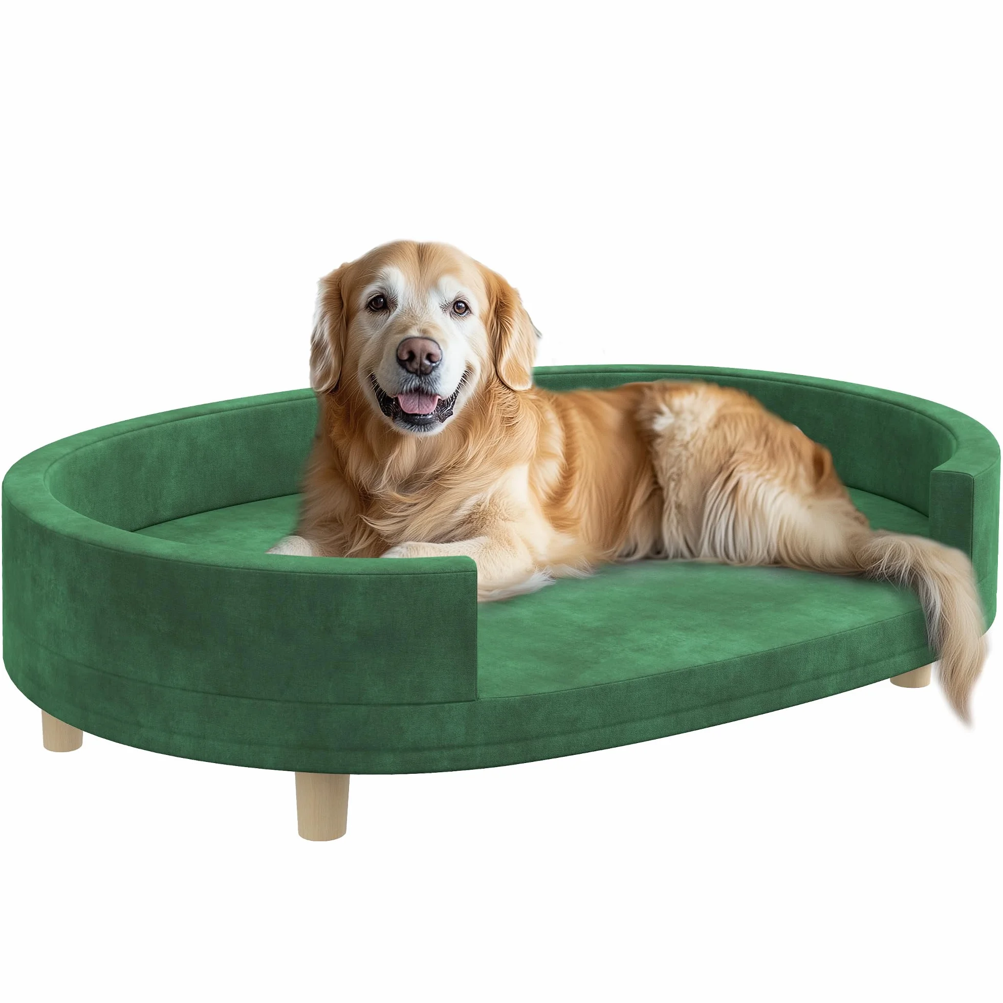 PawHut Canapé pour Chien avec Coussin Amovible, Velours Doux, Pieds Bois Massif, 100x70x25 cm, Vert