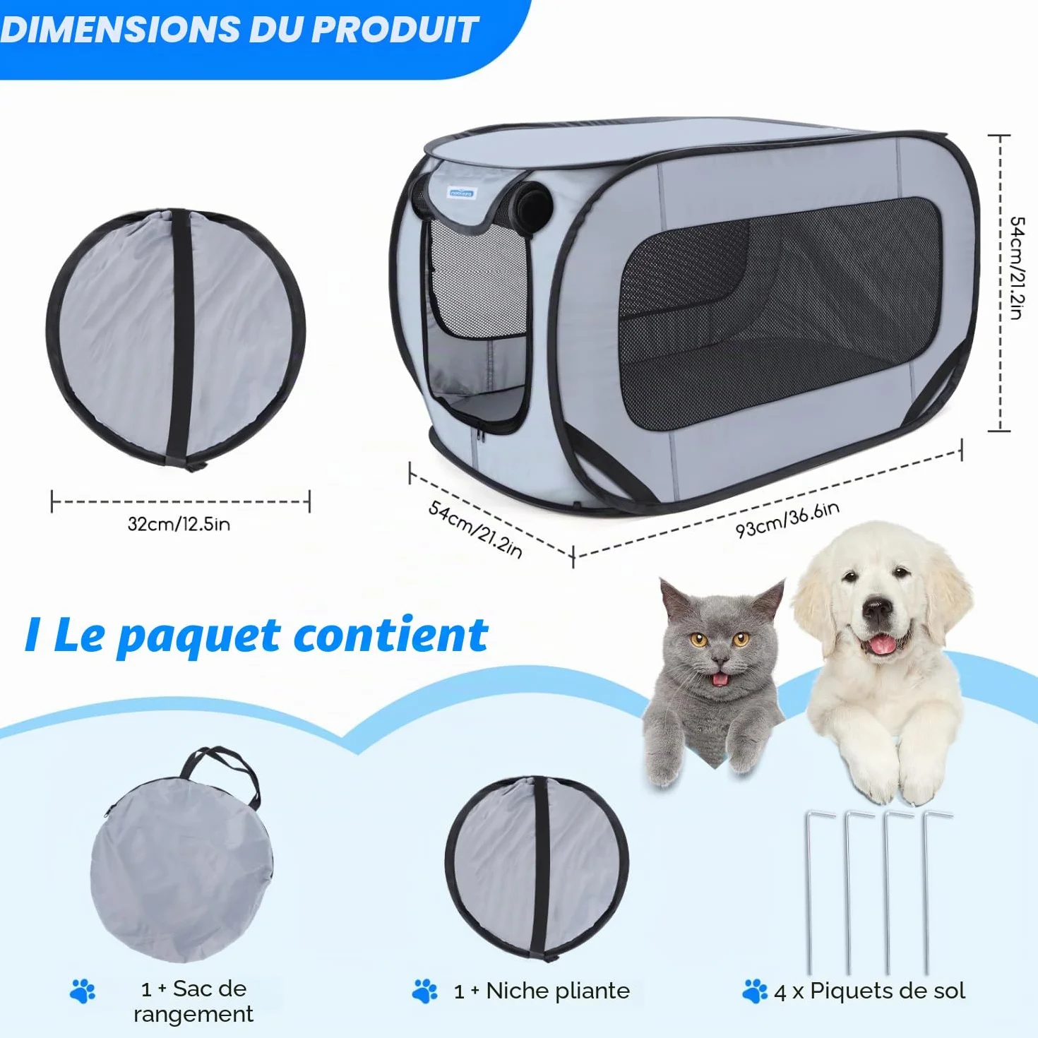 Nobleza Cage Portative pour Chien Chat Voiture, Parc Pliable Chien, Clôture Animaux Tissu Oxford Imperméable, 93x54x54 cm