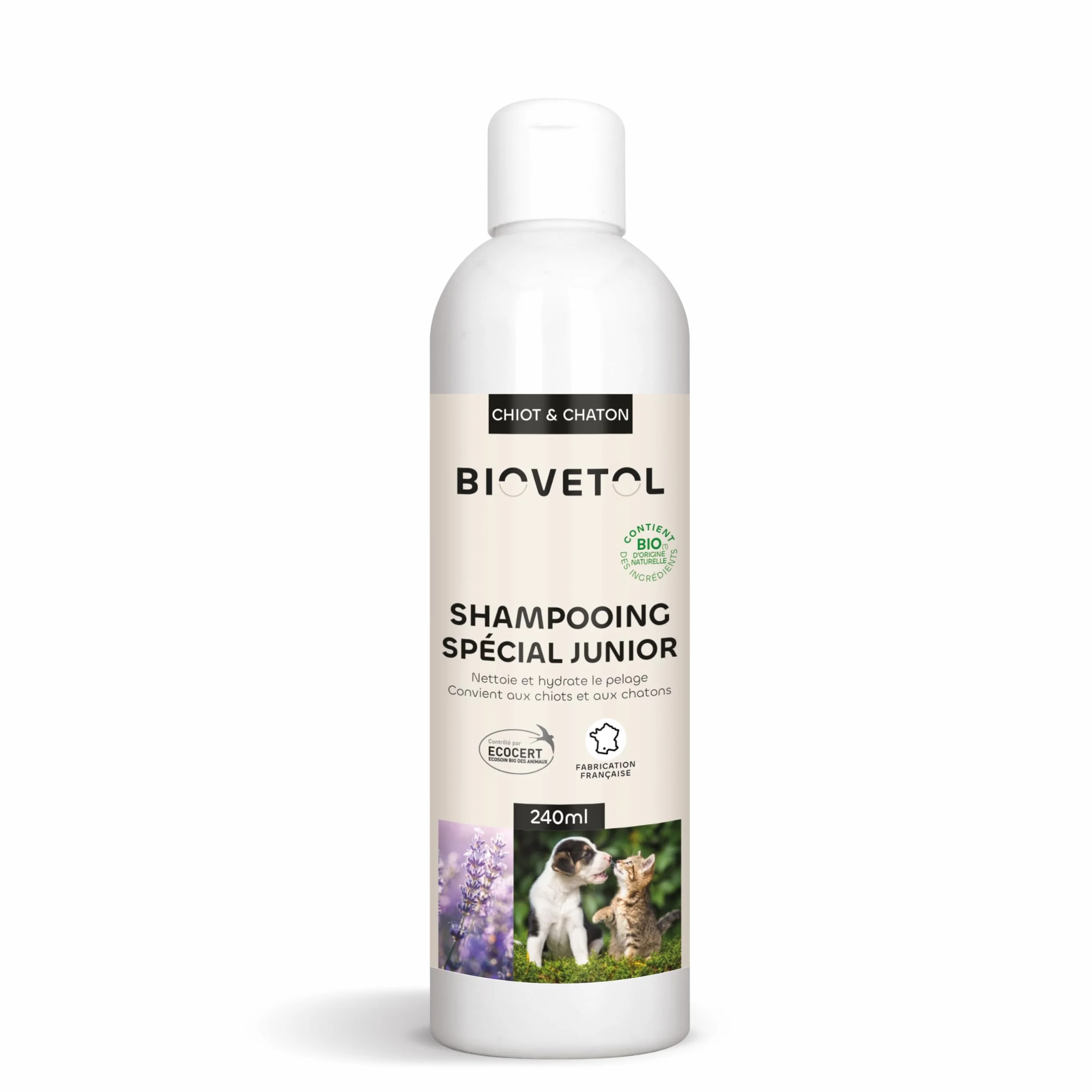 Biovetol Shampoing Bio Certifié Ecocert Pour Chiot et Chaton Extra-Doux Enrichi en Kératine Végétale pH Neutre 240ml