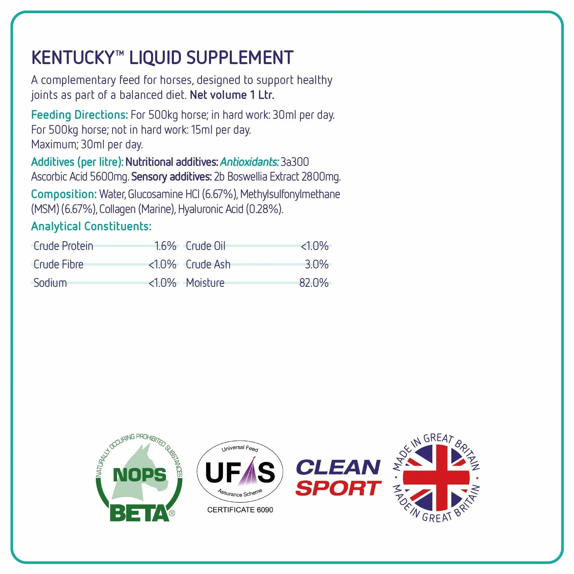 Supplément liquide Equine America Kentucky | Premium prêt pour l'utilisation du supplément Cheval & Poney | Accompagnement conjoint et mobilité | 1 litre