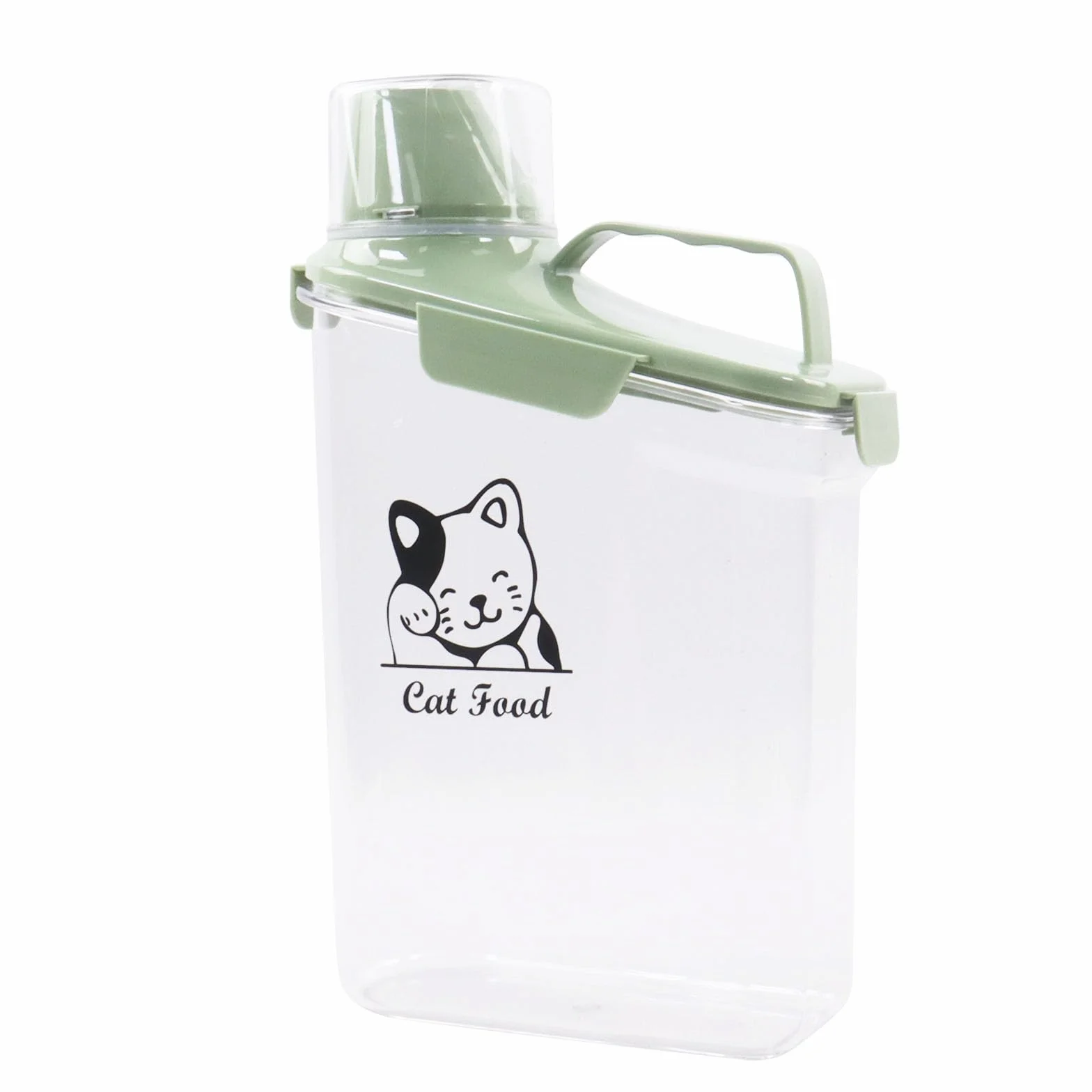 Boîte de rangement nourriture chat 2,8 l transparente avec gobelet doseur et bec verseur, Vert