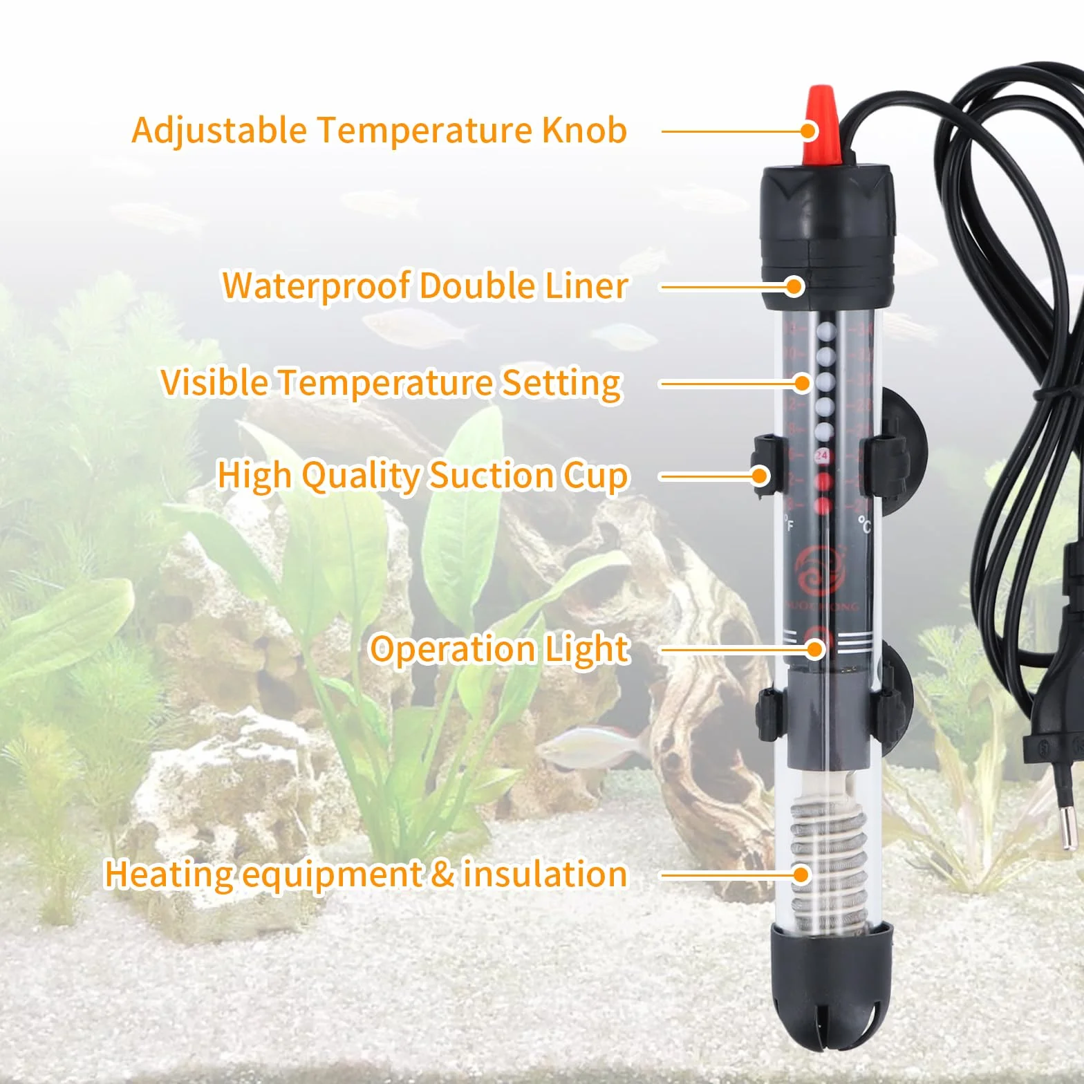 Focanet Chauffage Aquarium 30L, 25W Chauffage d'Aquarium Réglable avec Thermostat 20-34 °C, Thermostat Réglable, Chauffage en Verre Submersible pour Réservoirs à Poissons Et Aquarium