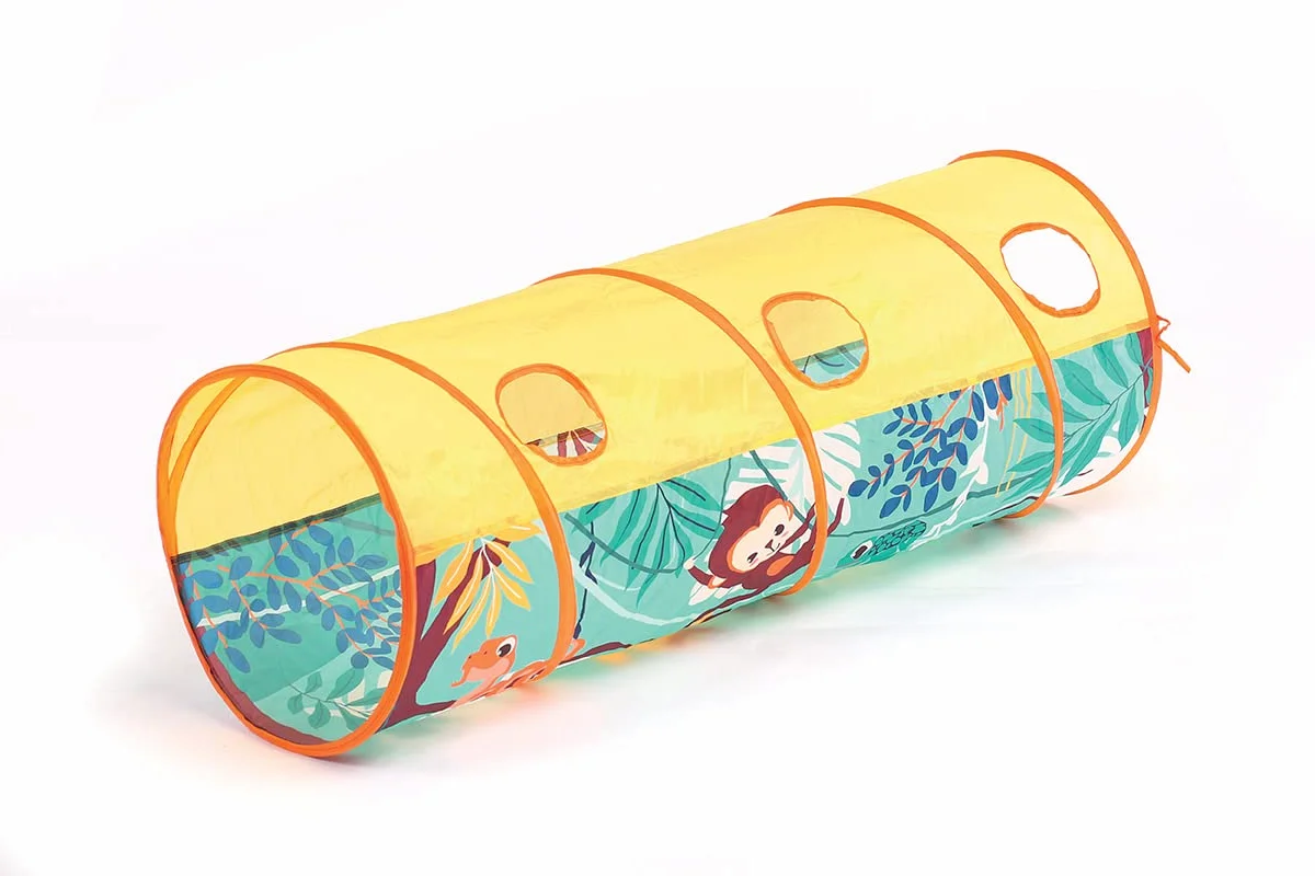 LUDI - Tunnel de Jeu - Dès 2 Ans - Thème Jungle - Léger et Pliable - Utilisation intérieur et Extérieur - Développe la motricité - 42x120cm