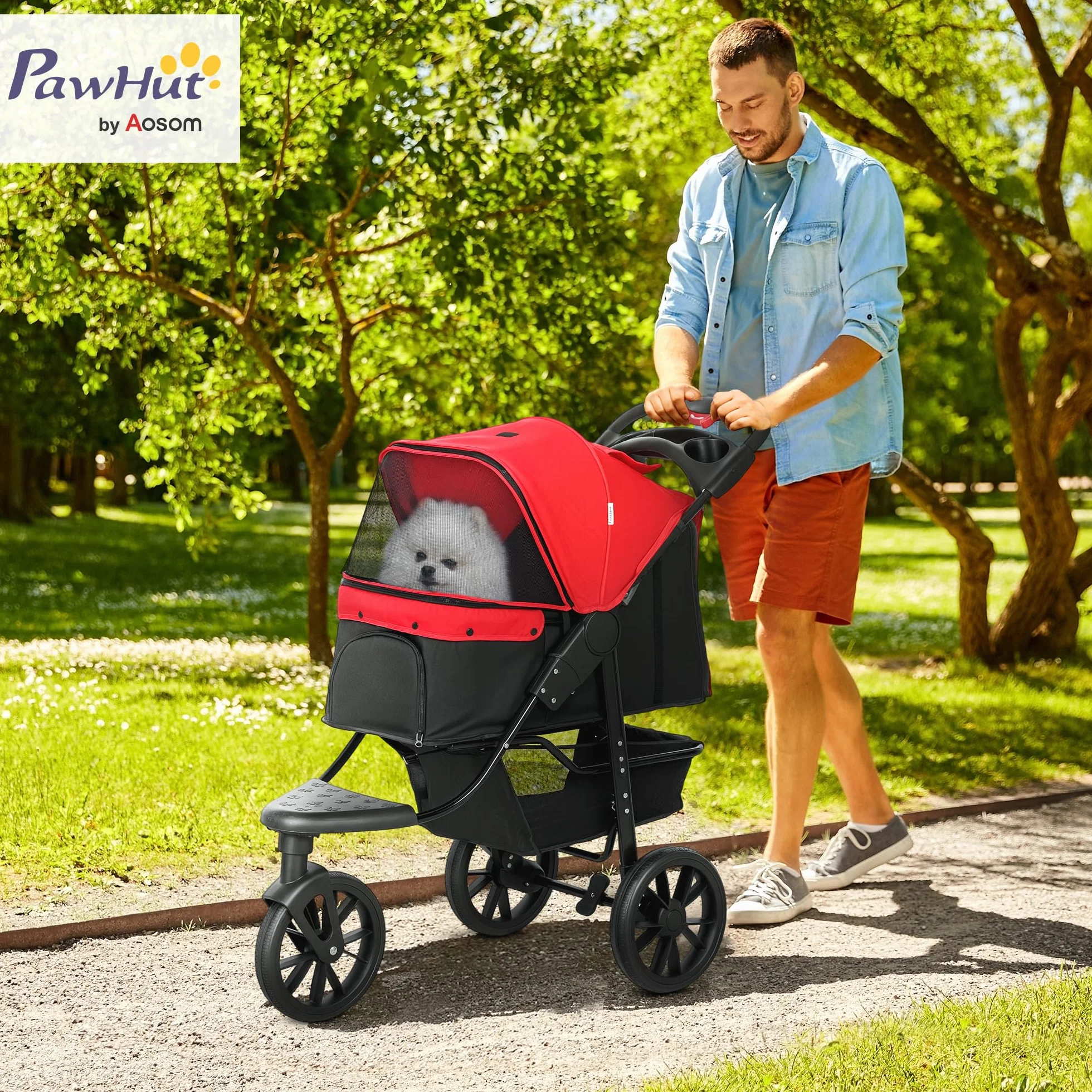 PawHut Poussette pour Chien Pliable 3 Roues Tout-Terrain 25kg Grande Roue 12" Antichoc Légère Chariot Animaux Rouge