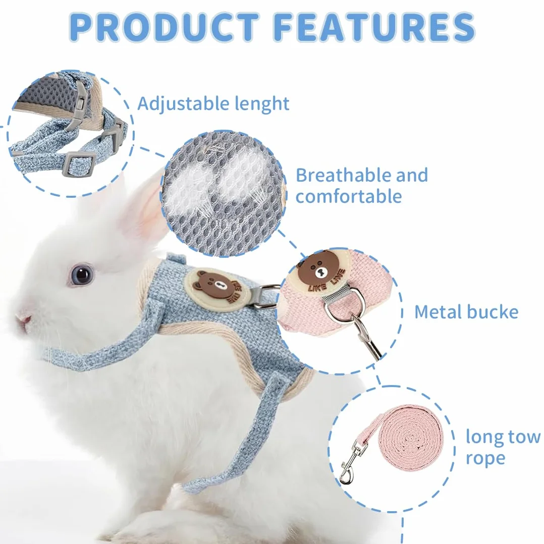 Harnais réglable pour Lapin avec Laisse - Set de 2 - Bleu et Rose - Accessoires Souples pour Chats et Petits Chiens