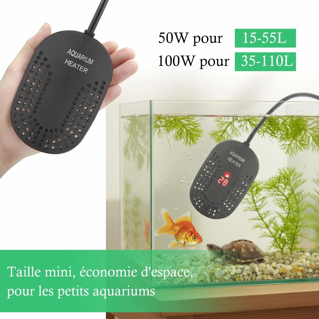 Mini Chauffage pour Aquarium 50W 100W, Chauffage Réglable pour Aquarium avec Contrôleur de Température Externe, Chauffage Incassable pour Poissons et Tortues, Eau Douce et Eau Salée (100W)