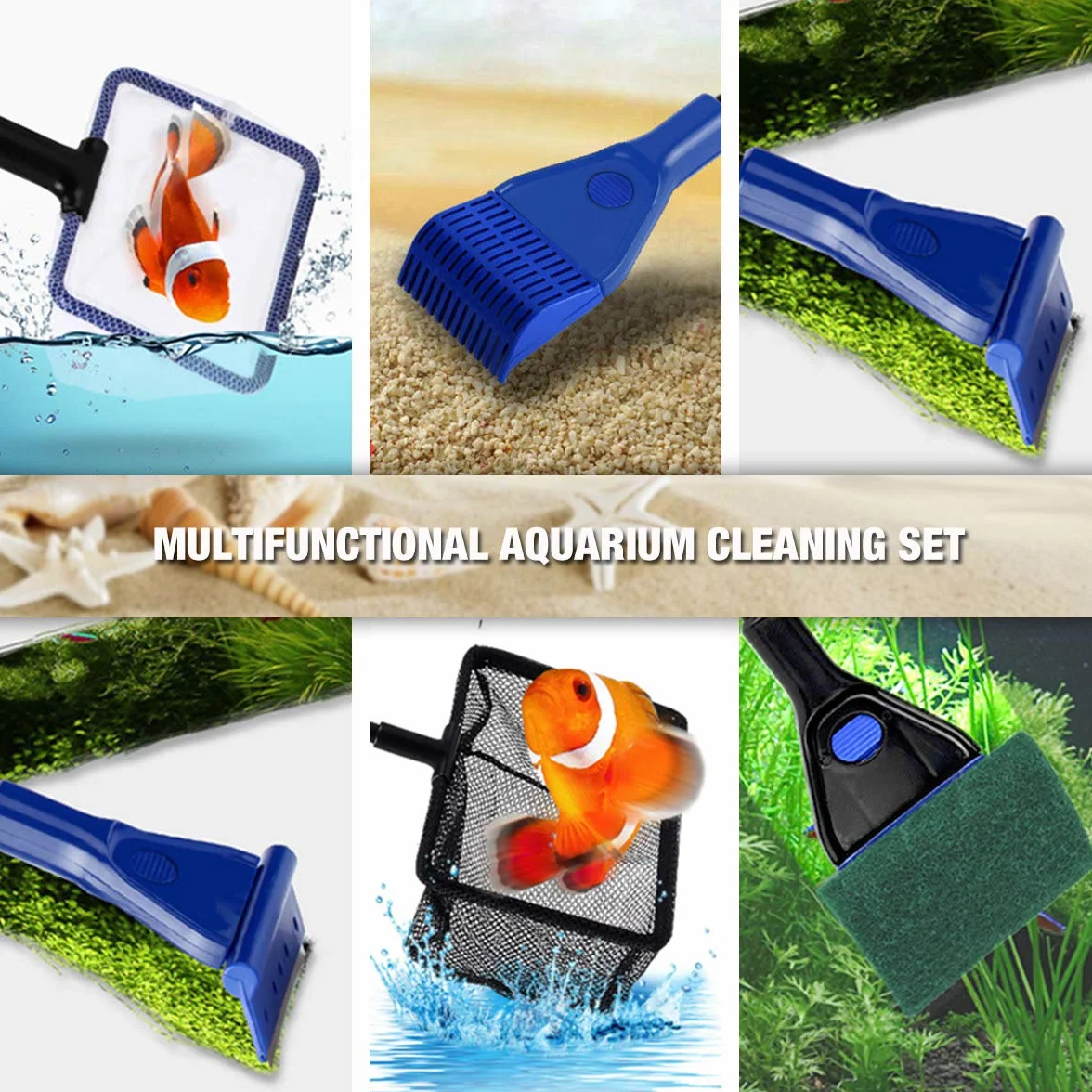 Kit de nettoyage d'aquarium 6 en 1 avec épuisette, râteau à gravier, pince à plantes, raclette, éponge et connecteur