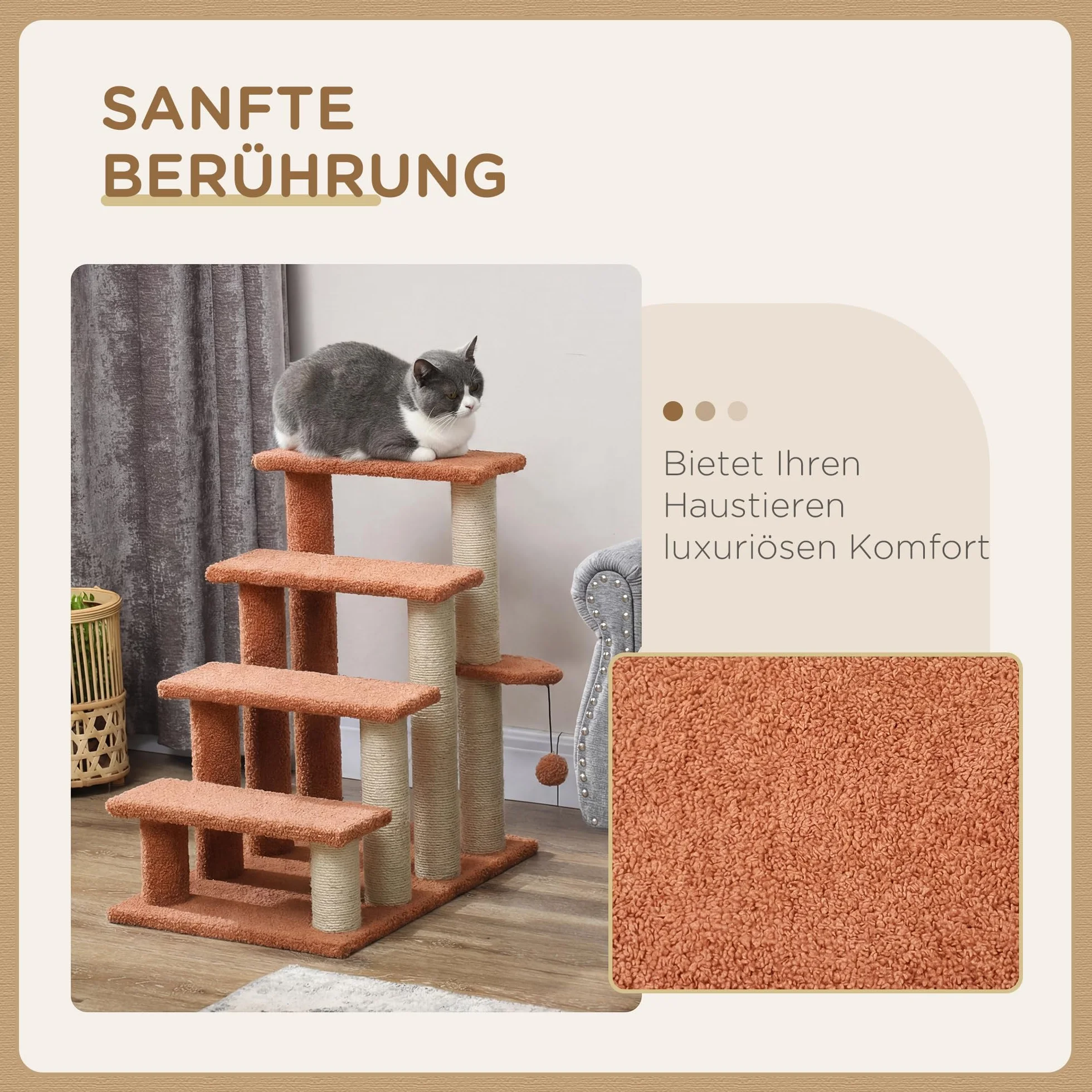 PawHut Escalier pour chats 4 marches avec griffoir balle de jeu pour animaux jusqu'à 5 kg marron 60 x 40