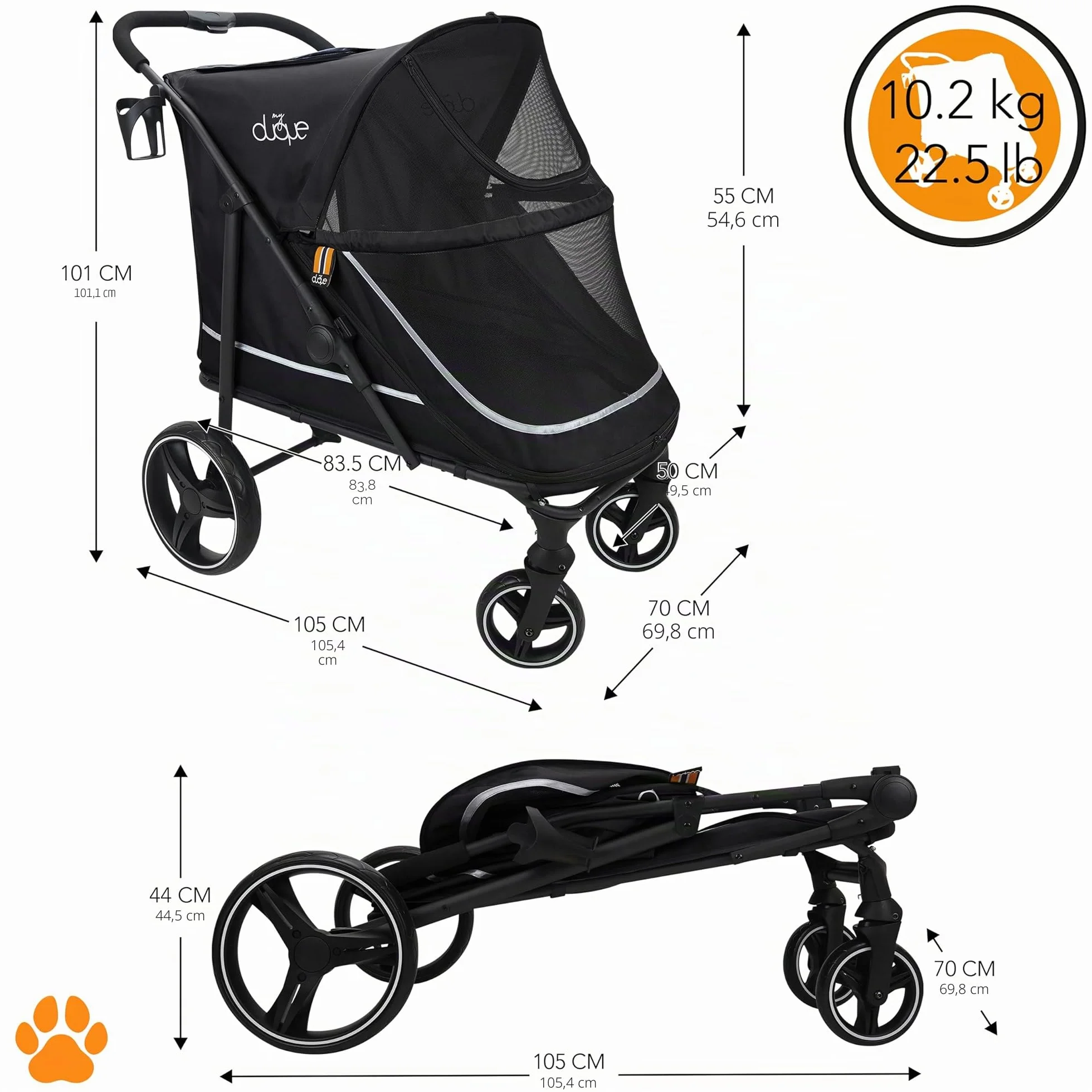 DUQUE Poussette pour Animaux CHAMP Pliante 50 kg Noir avec Housse de Pluie