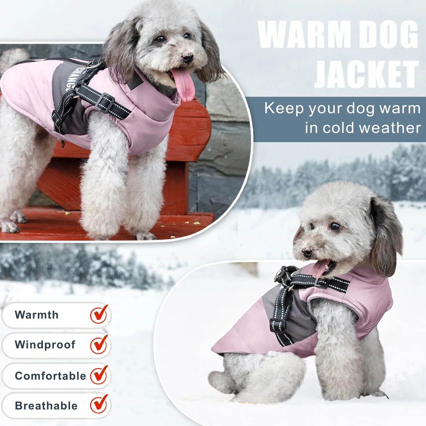 Veste d'hiver imperméable pour chien avec harnais réfléchissant, petite et moyenne taille