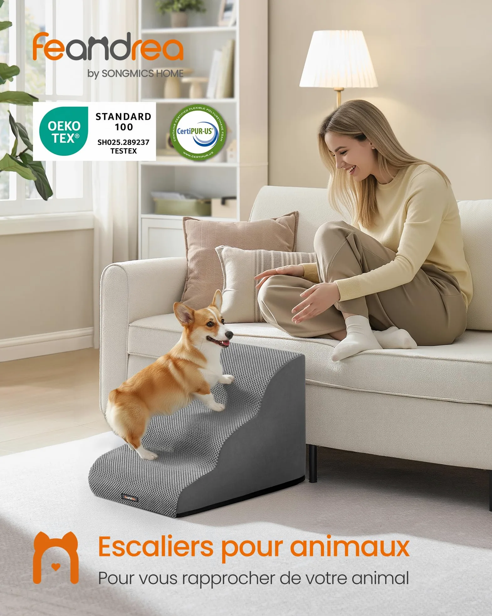 Feandrea Escalier pour Chien, à 3 Marches, Velours Gaufré, Marches pour Chien, Lit, Canapé, Imperméable, Design Antidérapant, Pente Douce, Housse Amovible Lavable, Poignée, Gris Tourterelle PPS013GD01 | Antidérapant avec faible pente, housse lavable pour