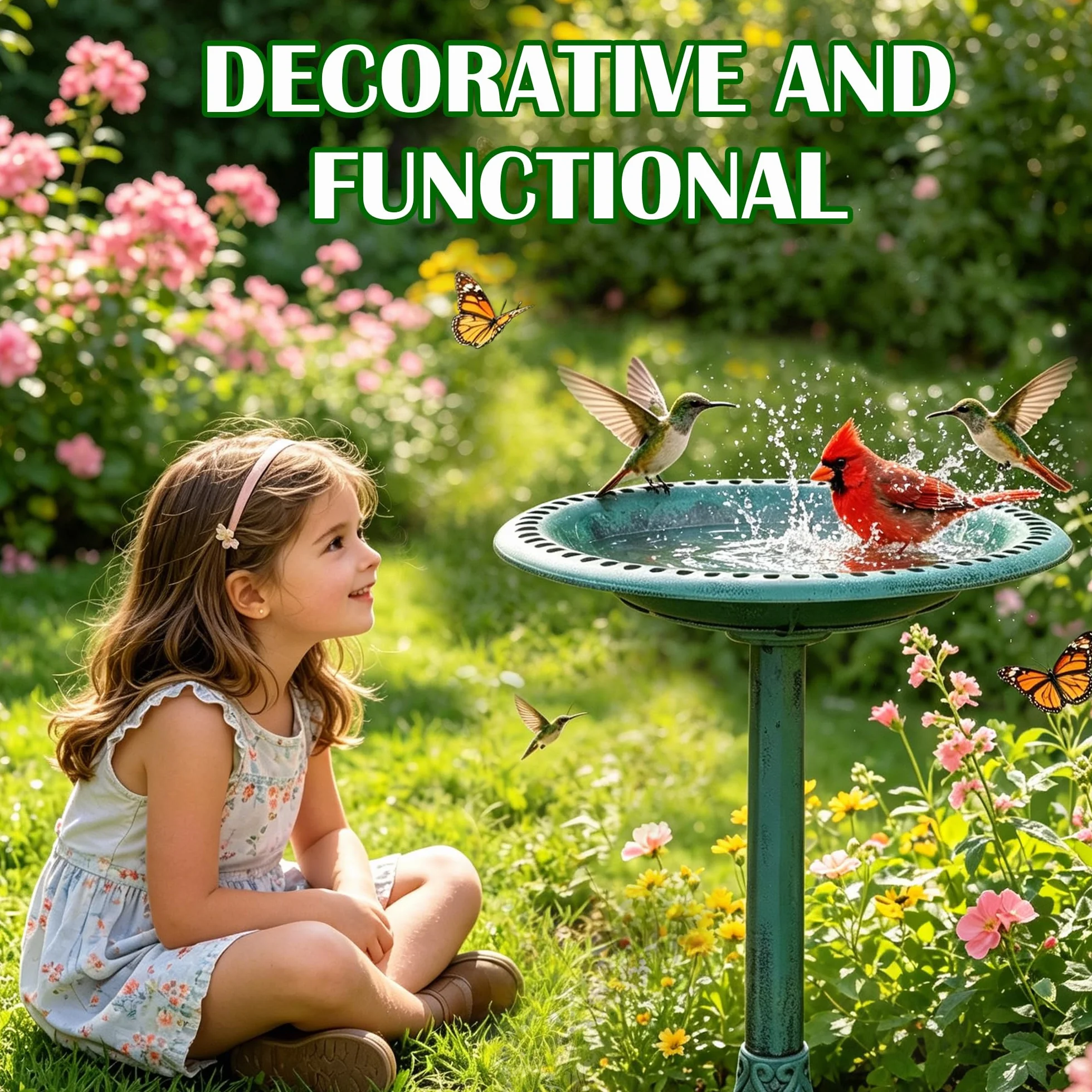 Bain d'oiseaux Vertical avec Fontaine Solaire, Distributeur de Nourriture pour Oiseaux Sauvages, 2 en 1, Vert
