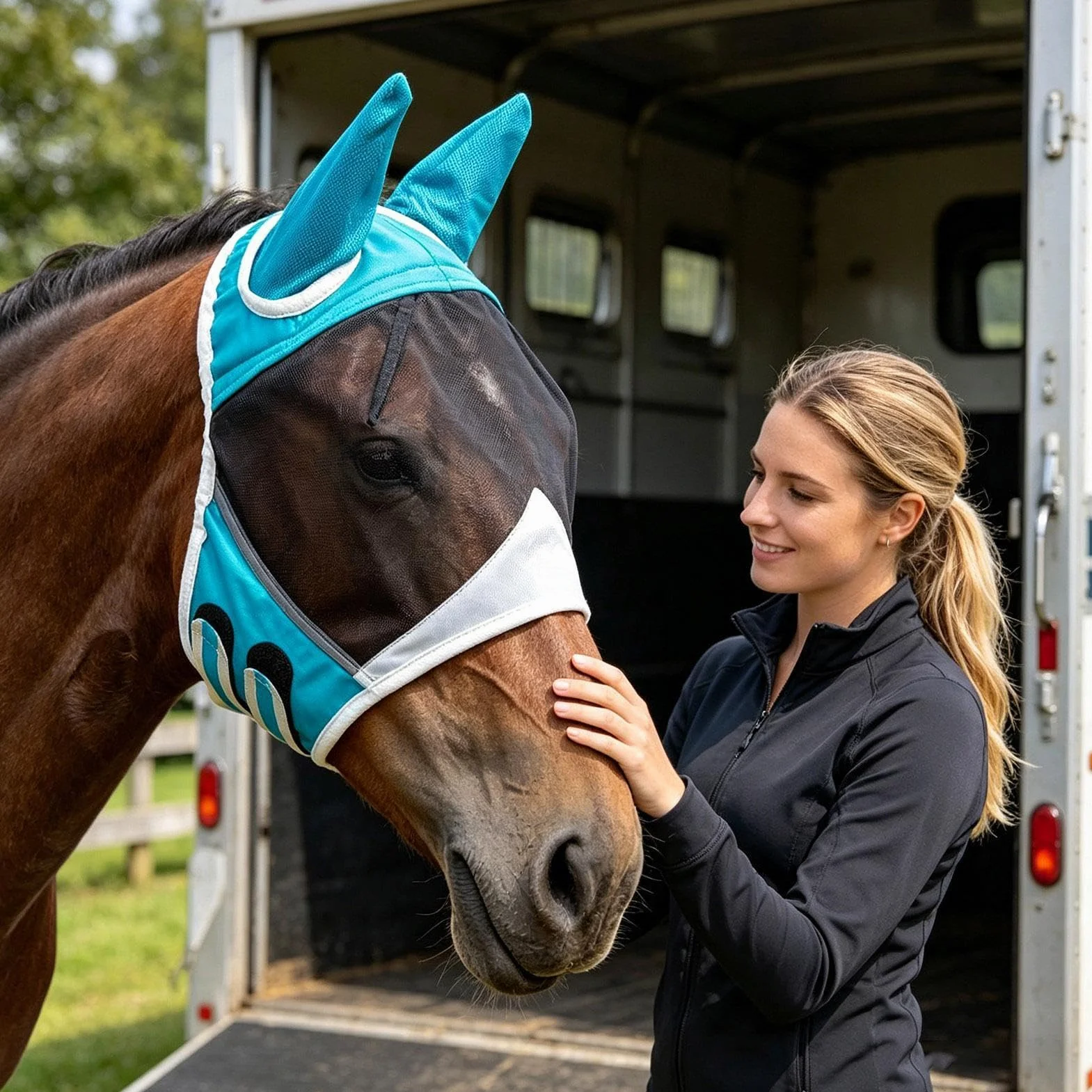 Masque Anti-Mouches pour Cheval, Tissu Respirant Protection UV, Couvre-tête Demi-Visage avec Oreilles et Bandeau élastique