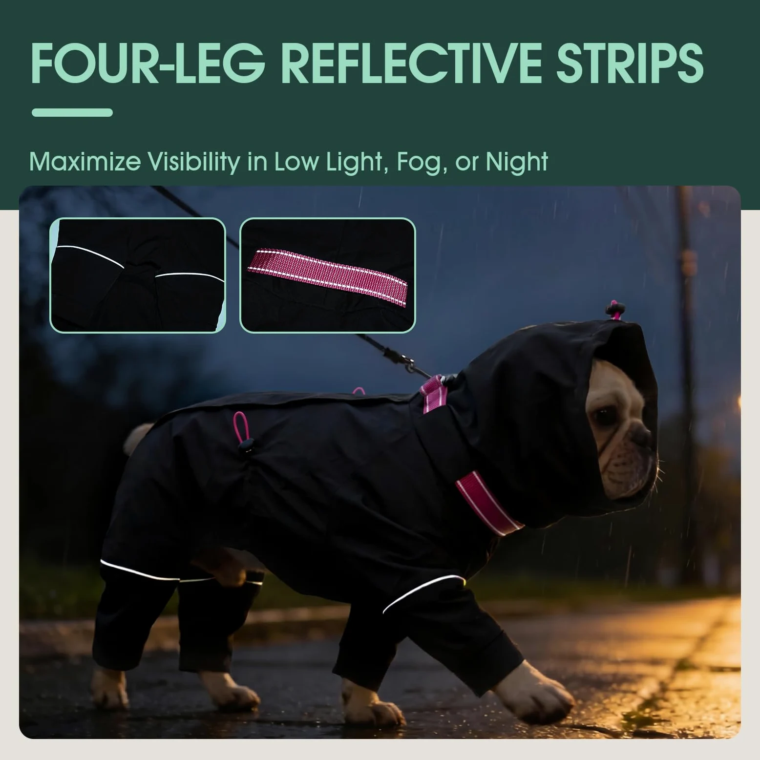 Kuoser Manteau de pluie imperméable pour chien avec capuche réglable Noir Taille XL | Manteau de pluie léger et respirant pour chien avec 4 pattes et col haut réglable réfléchissant