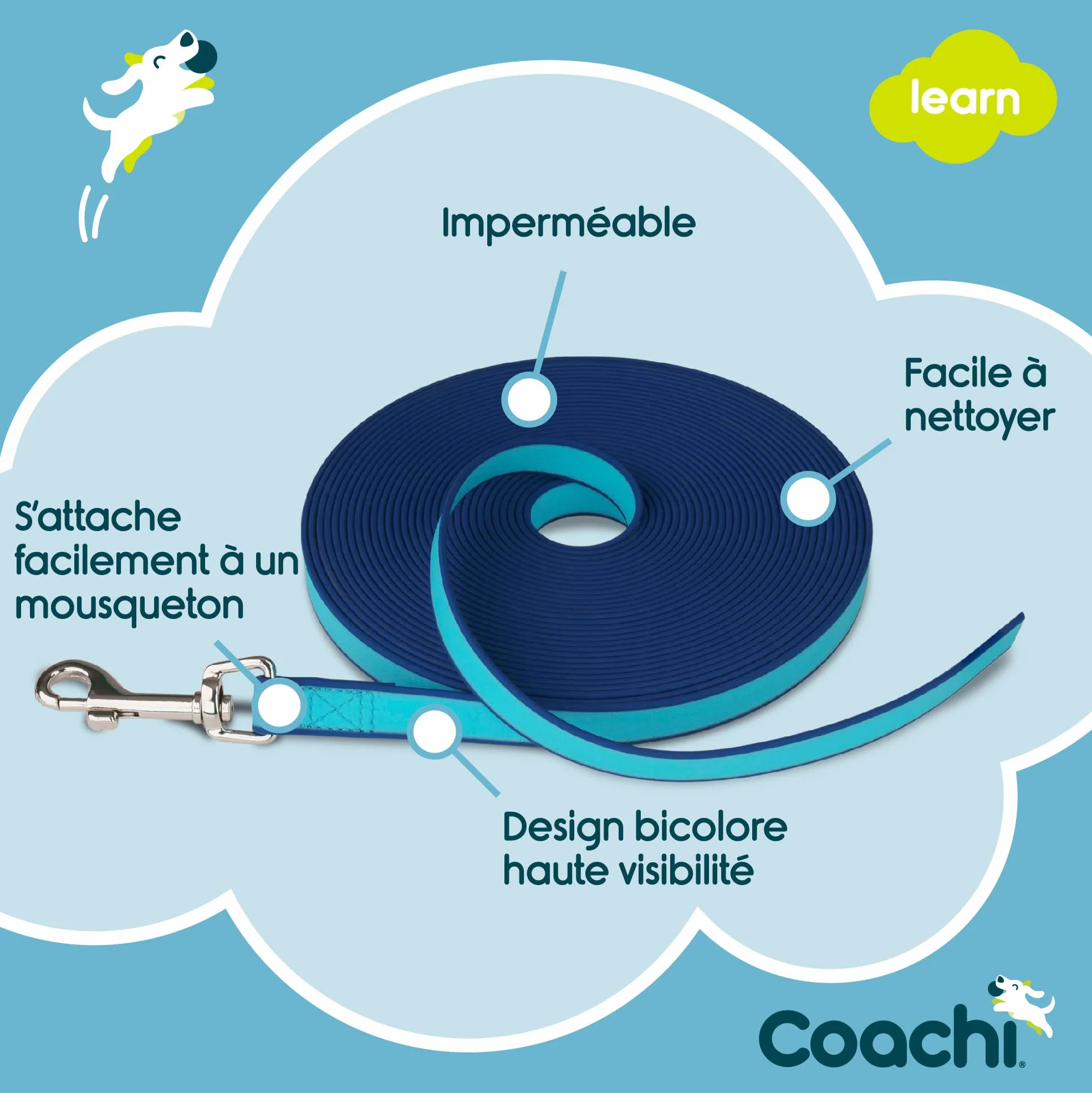 Training Line 10m Coachi imperméable Dressage en extérieur pour Moyens et Grands Chiens