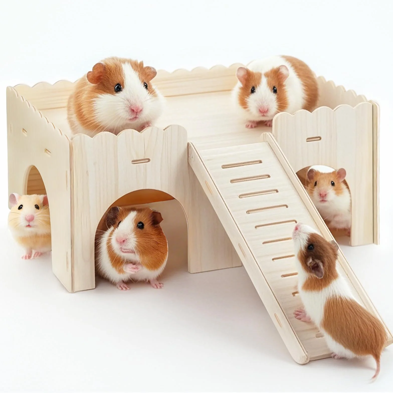 Grande Cabane Cochon d'Inde avec Rampe: Maison Cochon d'Inde avec Rampe 4 Entrées - Accessoires de Jouets pour Cochons d'Inde - Cachette en Bois Petits Animaux de Compagnie, Hamsters Nains (Wood)