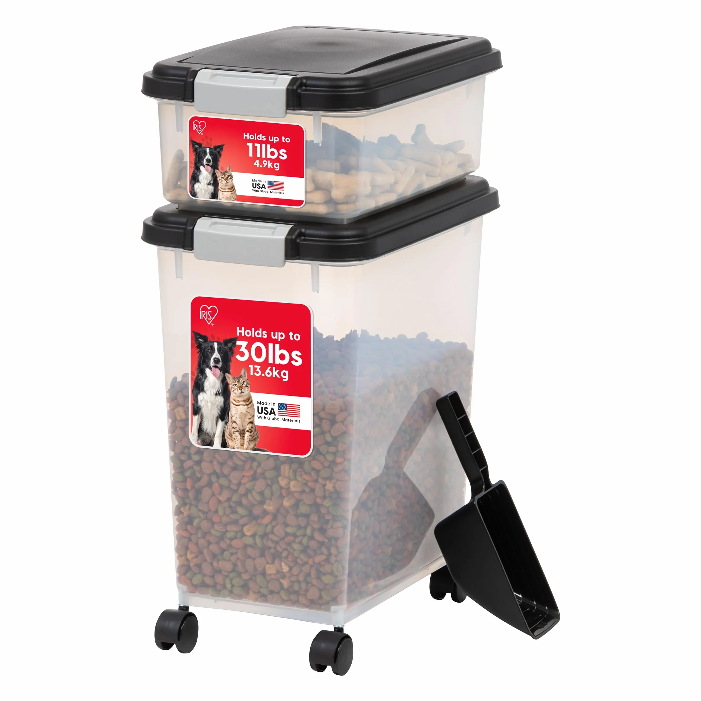 Iris Ohyama Boite Croquettes Chat Hermetique à Roulettes 30L+9L Plastique Noir sans BPA