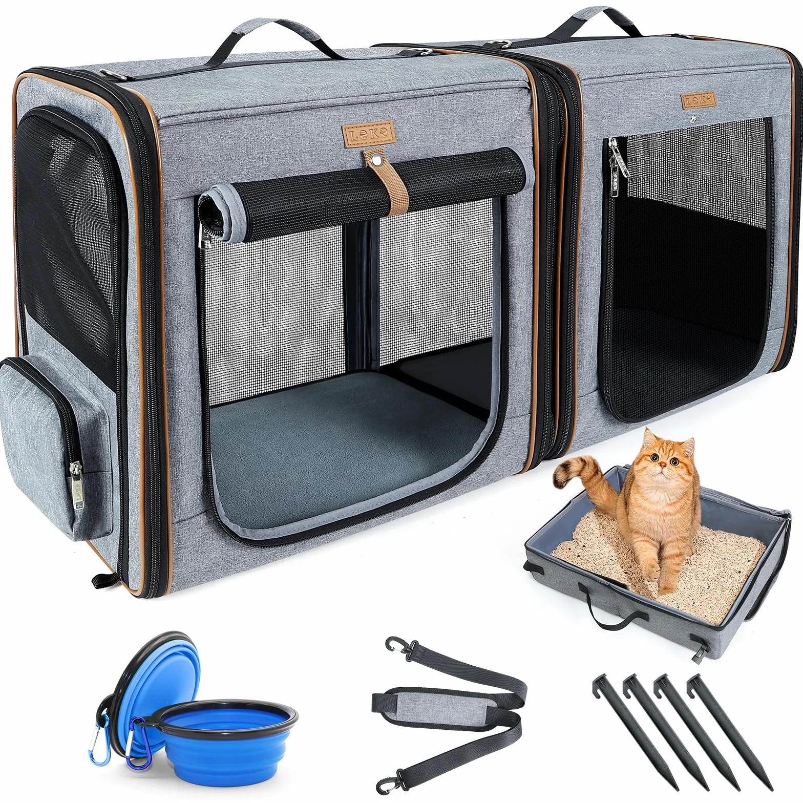 Boîte De Transport 2 en 1 pour Chien et Chat avec Cadre en Fibre Solide, Pliable - Gris