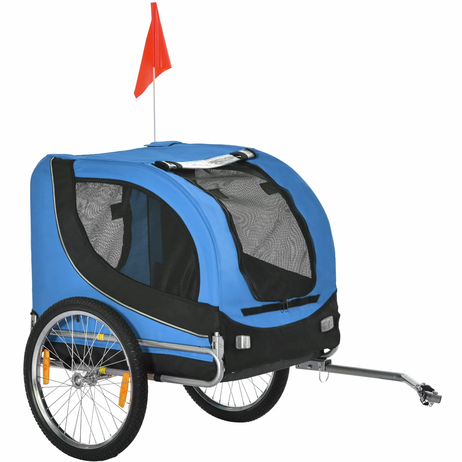 PawHut Remorque Velo pour Chien Animaux avec 8 Reflecteurs Drapeau Bleu Noir