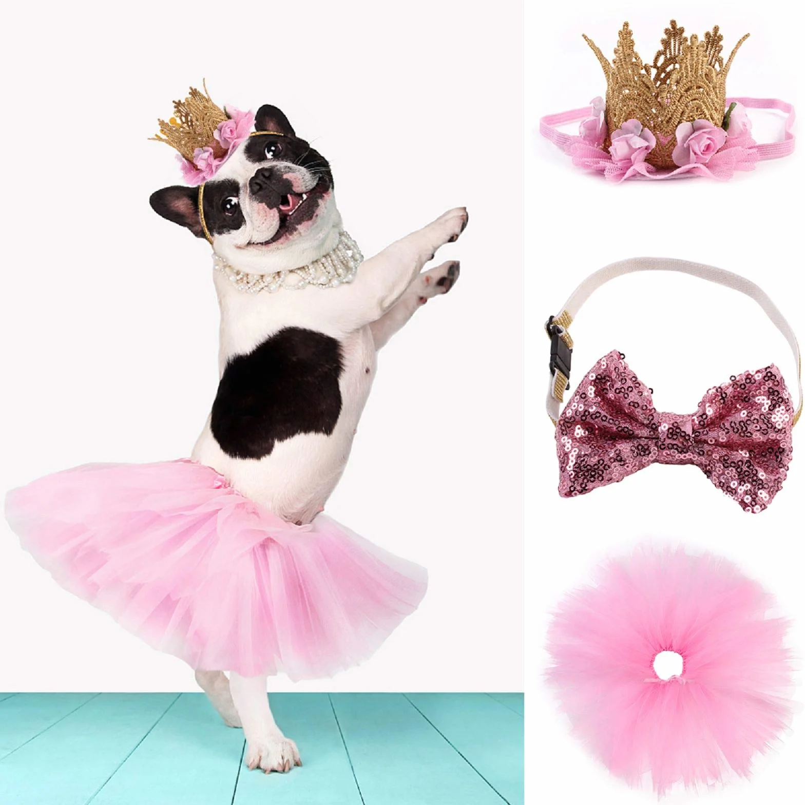 Costume de Chien 3 Pièces Rose Jupe Tutu Couronne Chapeau Paillette Noeud Papillon pour Petits Chiens et Chats