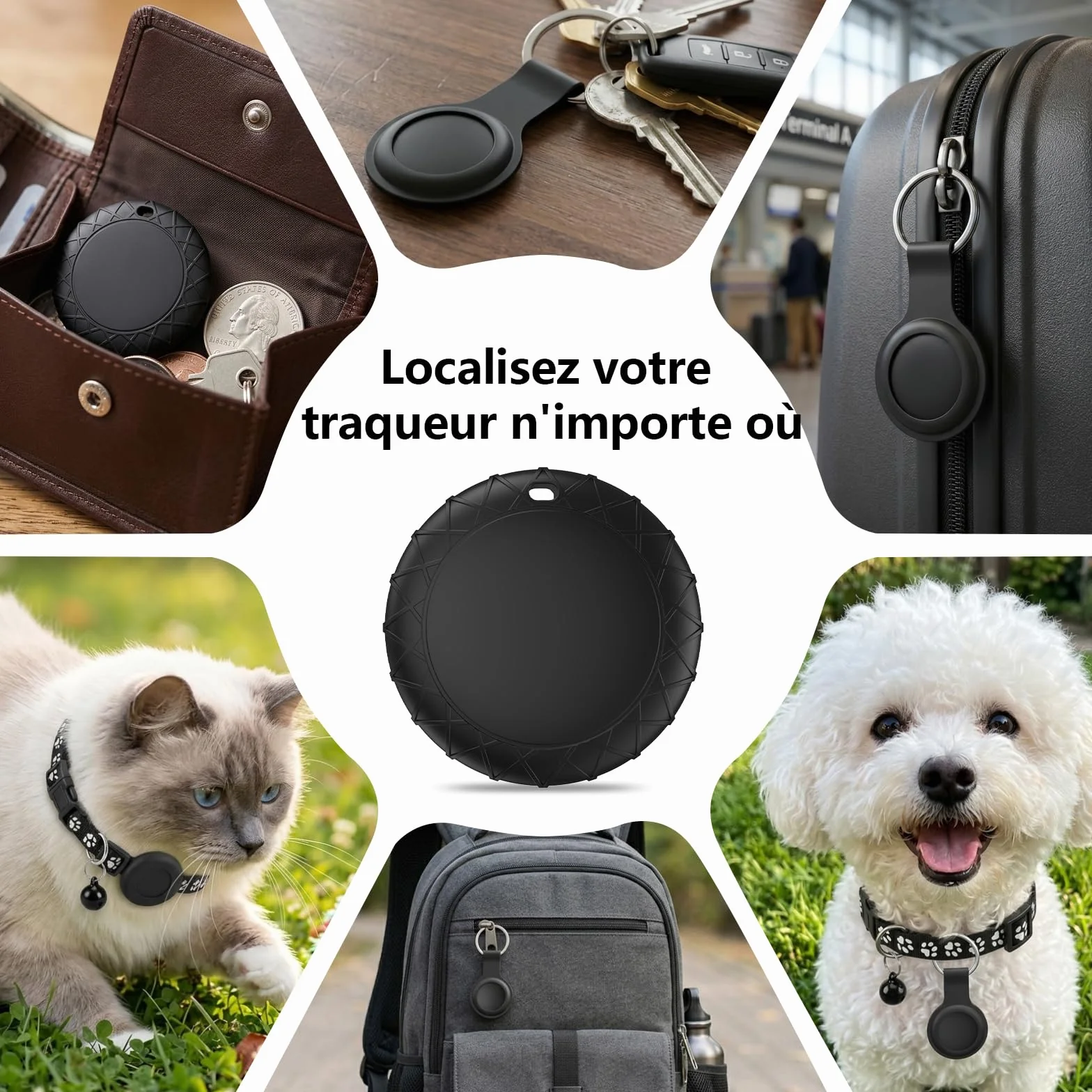 Traceur GPS Chat, Collier GPS Chat Chien sans Abonnement/Carte SIM, Compatible iOS et Android, Intelligent de La Localisation en Temps, Étanchéité IPX6, Collier GPS pour Chien,Chats,Voitures - Noir