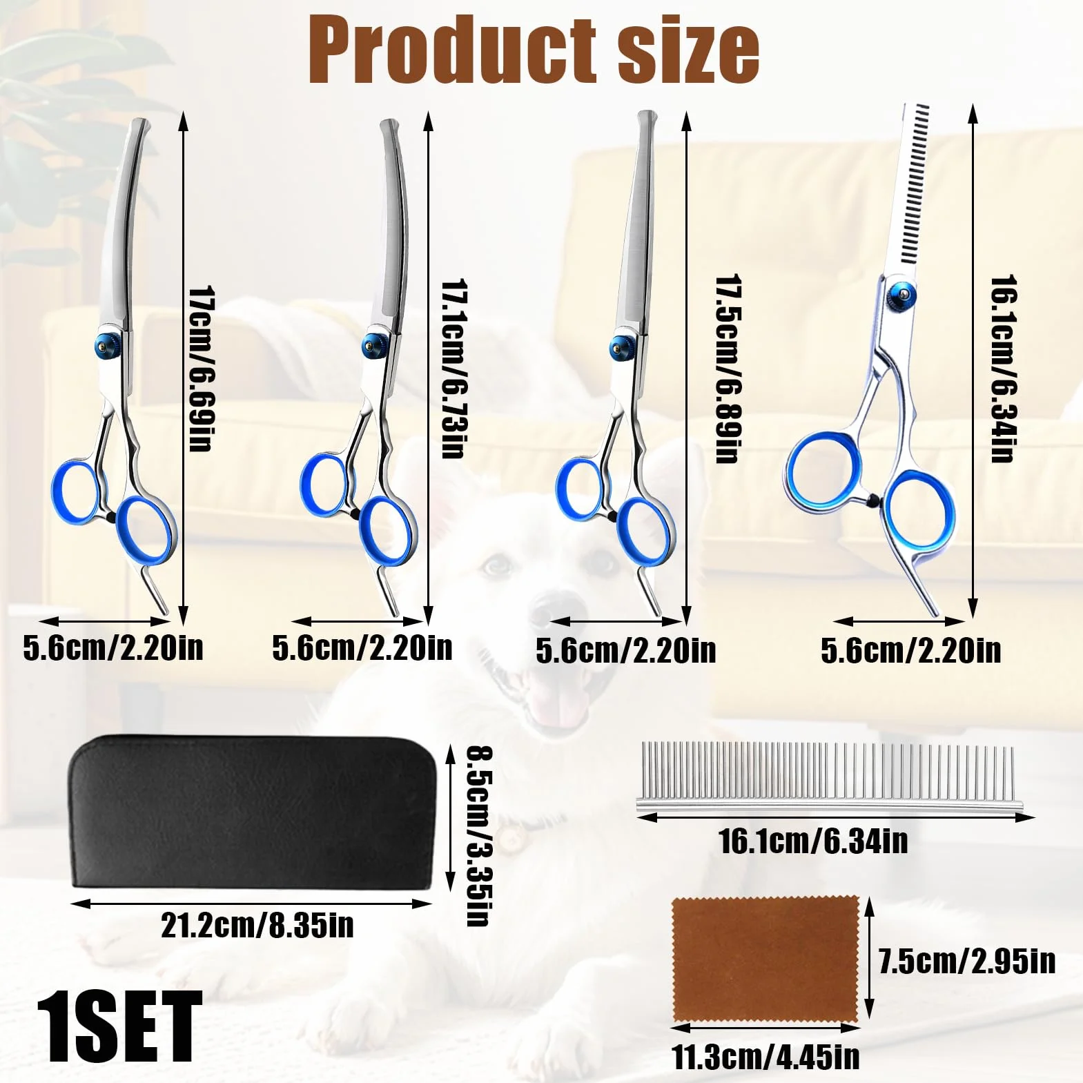 Menibeuty Ciseaux Toilettage Chien Kit, Ciseauxs de Toilettage pour Chiens, Embouts de Sécurité Ronds y Compris Ciseaux à Effiler, Ciseaux Courbes,Ciseaux Droits,Peigne,Ciseauxs Chien Toilettages Bleu
