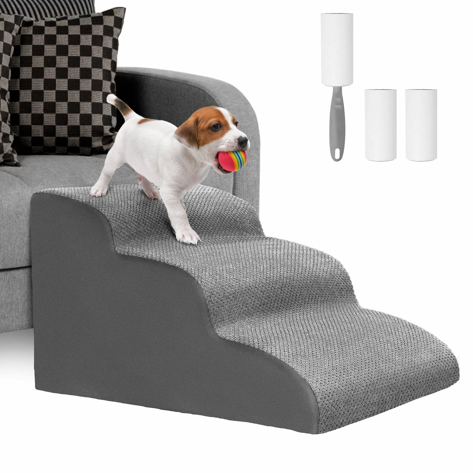 Lannvan Escalier pour Chien 3 Marches - Escaliers Animaux Éponge Canapé Lit - Rampe Chien Chat Housse Tissu Amovible Lavable - Gris