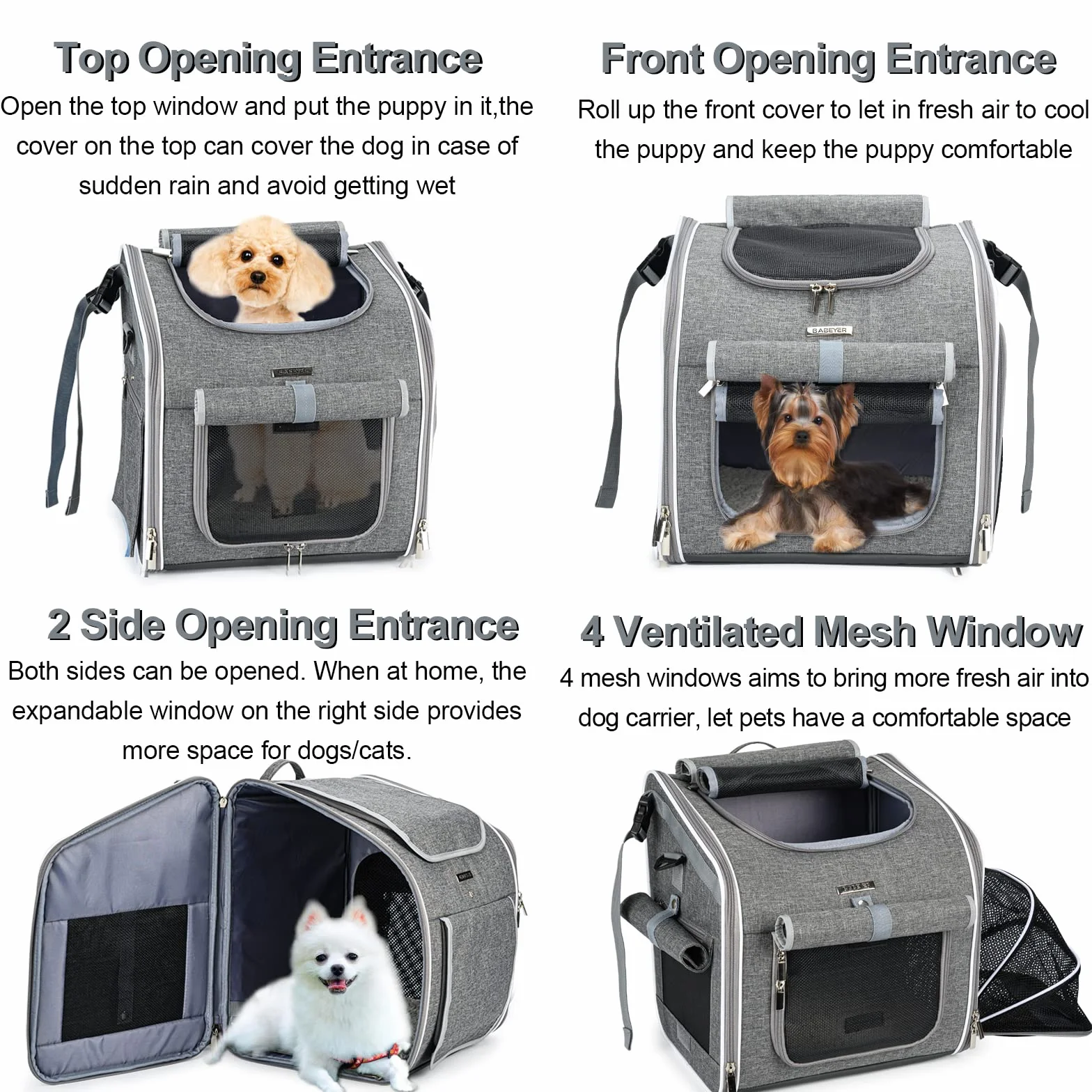 Panier de vélo extensible et souple 4 portes ouvertes fenêtres maille pour petits chiens chats chiots Gris