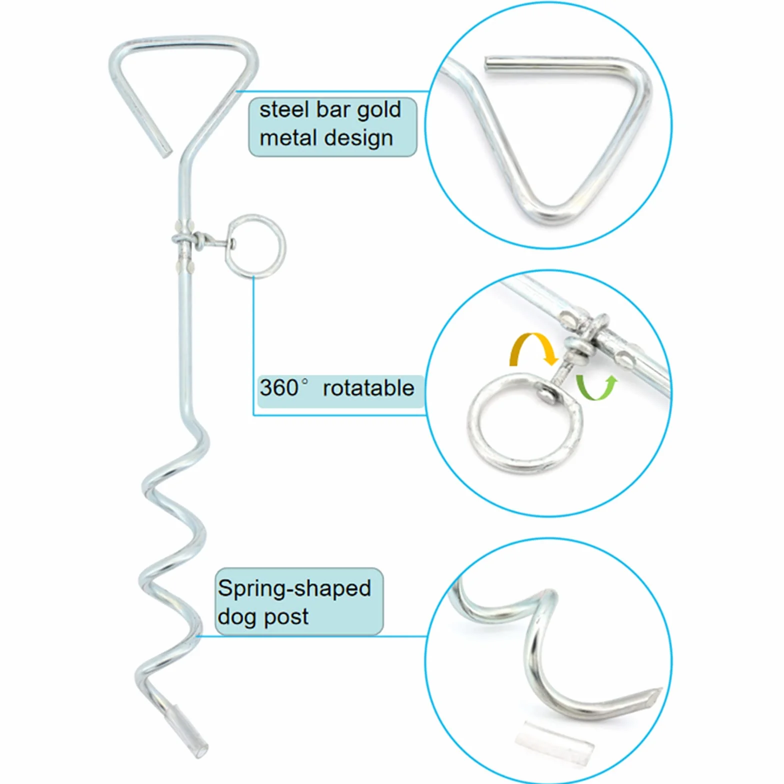 Piquet et câble d'attache pour chien en acier, spirale 40,6 cm, 5 m, extérieur