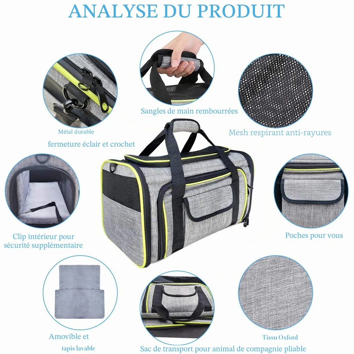 Sac de Transport pour Chat Chien Extensible Filet Respirant Pliable avec Matelas Amovible 43x28x28cm