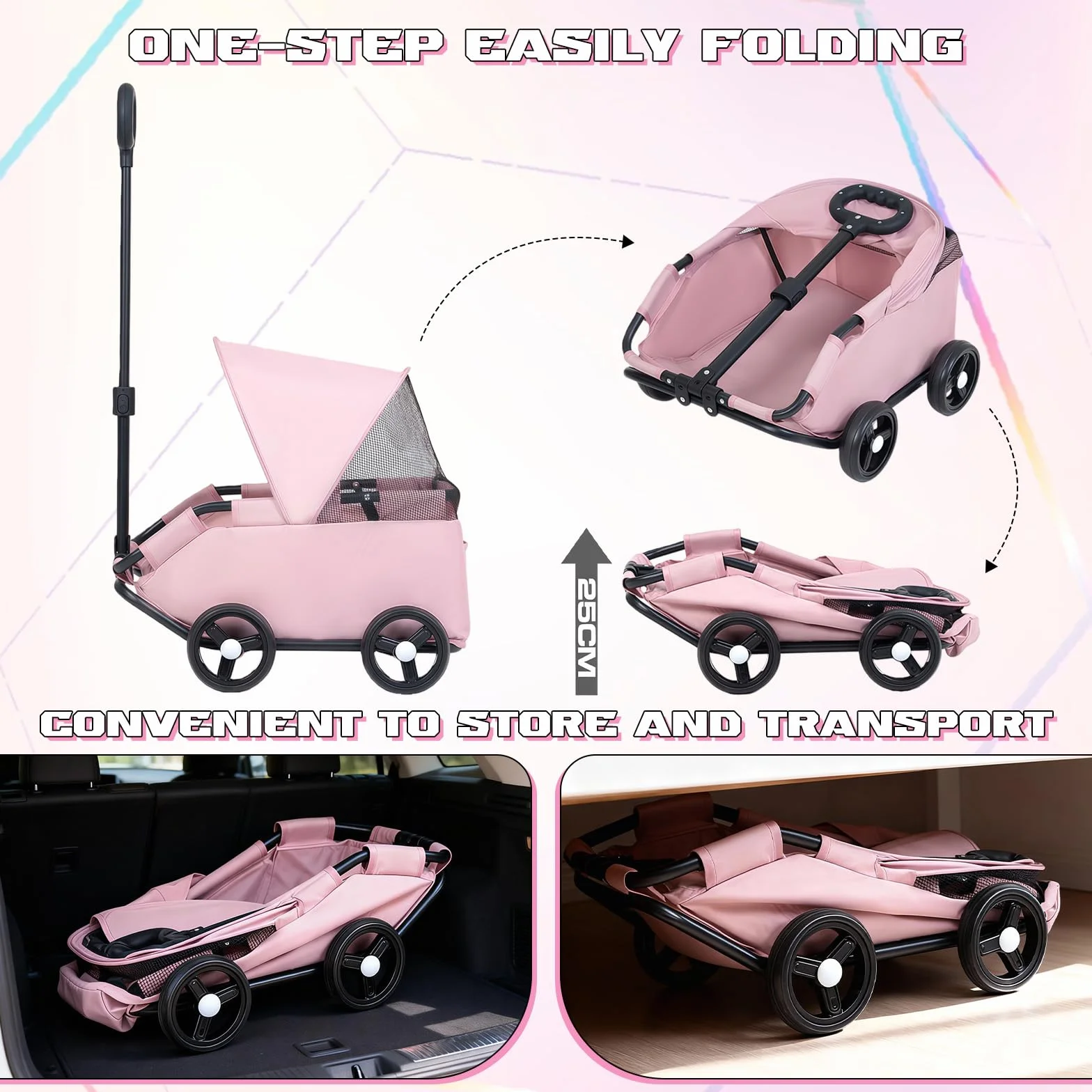 Chariot pour chien pliable 4 roues barre pivotante 360° Tissu Oxford 600D rose