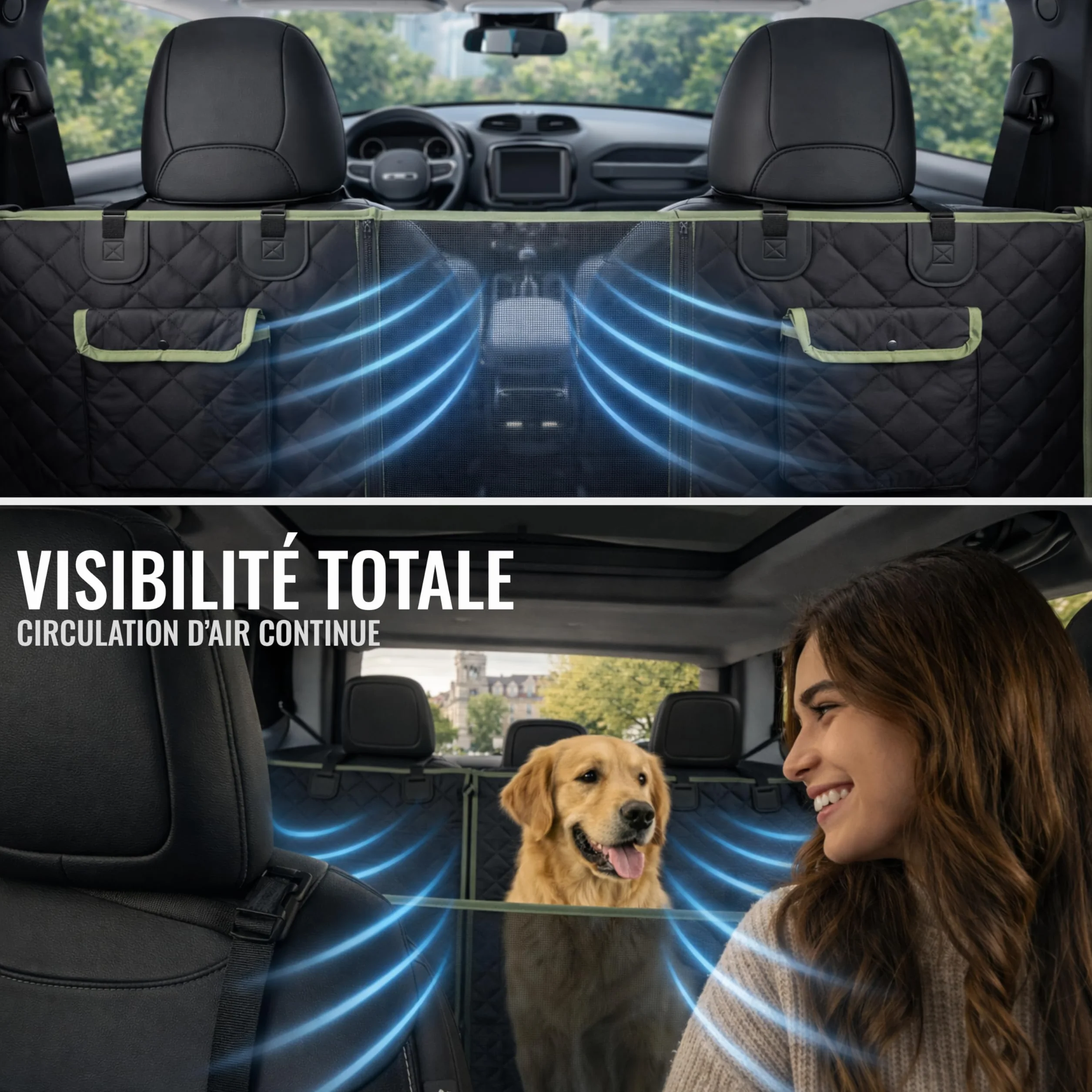 Housse Chien Voiture 6-en-1 600D Imperméable avec Fenêtre Maille Protection Portes