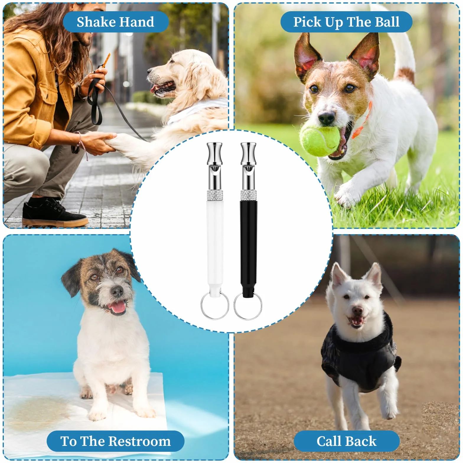 Sifflets professionnels anti-aboiement pour dressage de chiens avec cordon, réglables noir et blanc, lot de 2