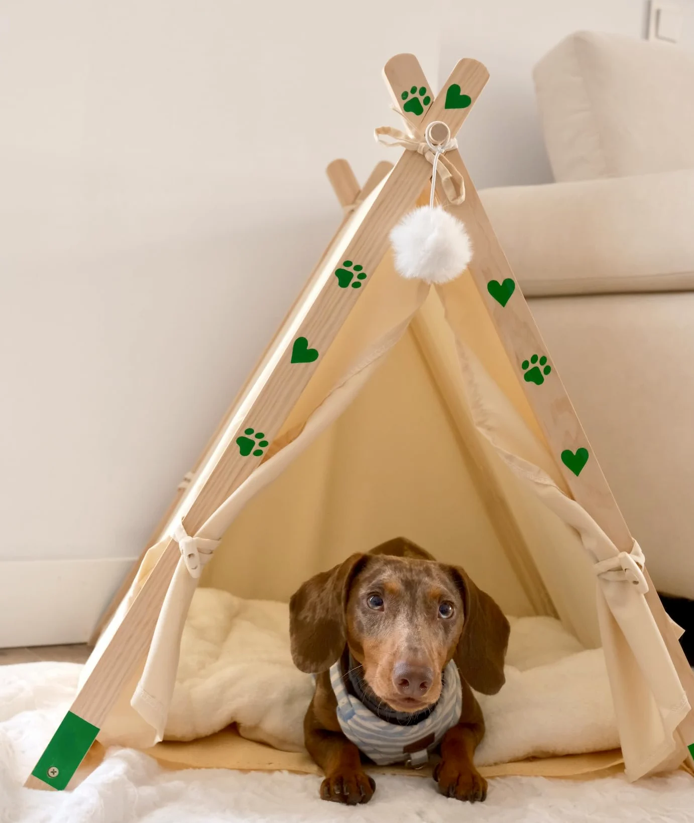 Tipi Lit pour chats et petits chiens – Grotte en bois massif, coton et lin respirant, niche igloo d'intérieur pour animaux de compagnie, chiots, berceau de voyage pliable et portable avec coussin