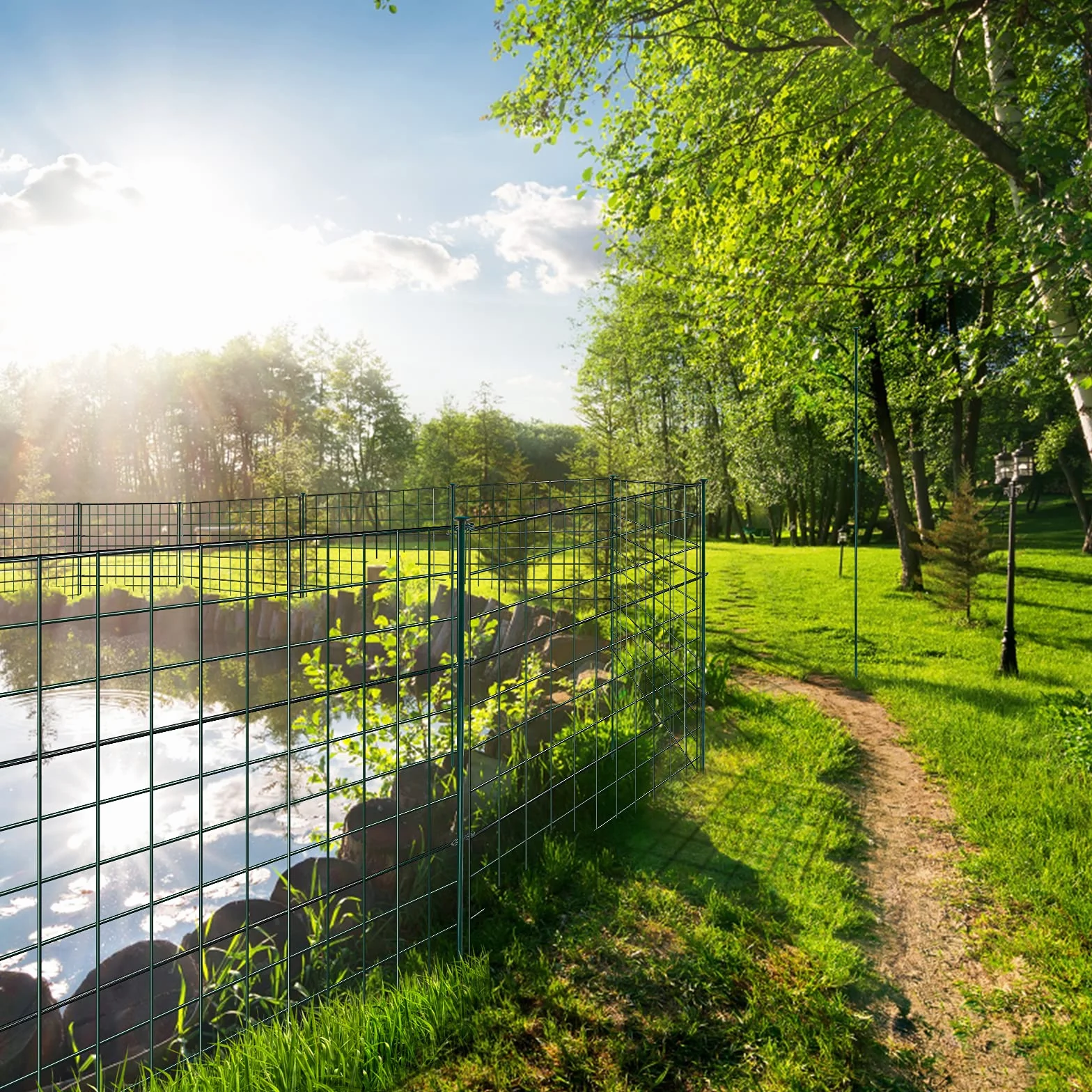 Clôture d'Étang et de Jardin en Métal 5 Éléments 6 Barres de Fixation Avec Arche Inférieure