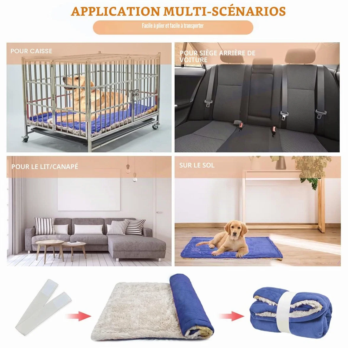 Matelas pour Chien Réversible Lavable 110x70cm Bleu