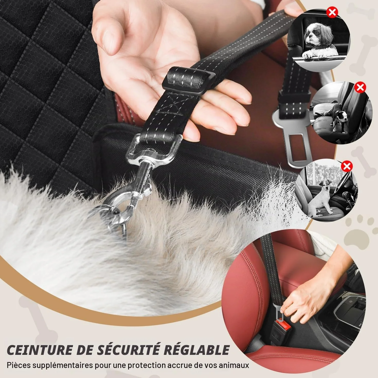 Siège Auto Chien Sécurisé Imperméable Anti-Griffes Filet Rangement Ceinture Sécurité Adjustable Noir