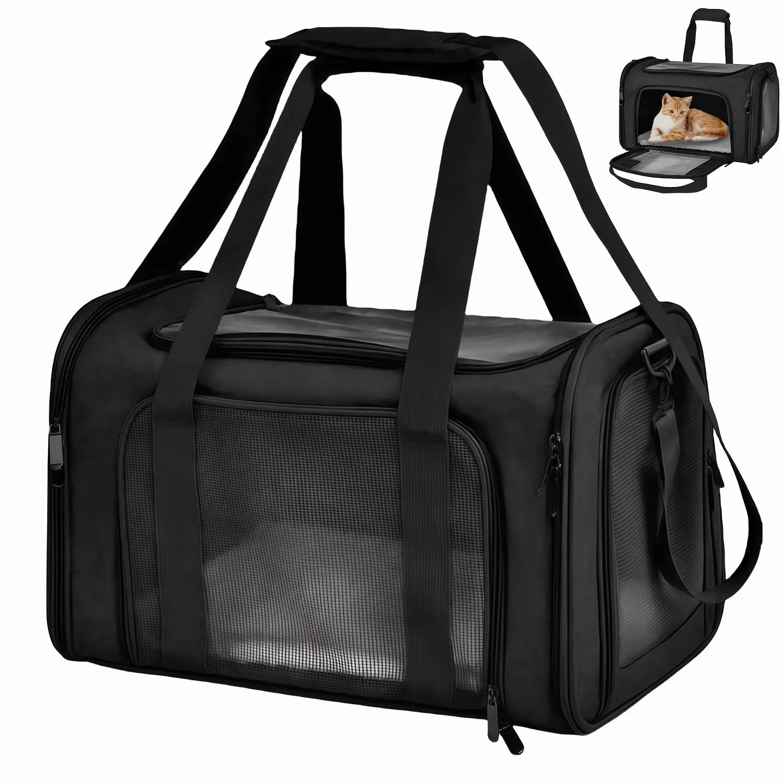 Pliant Sac de Transport pour Chat Noir Portable Voyage Respirant Petit Animal