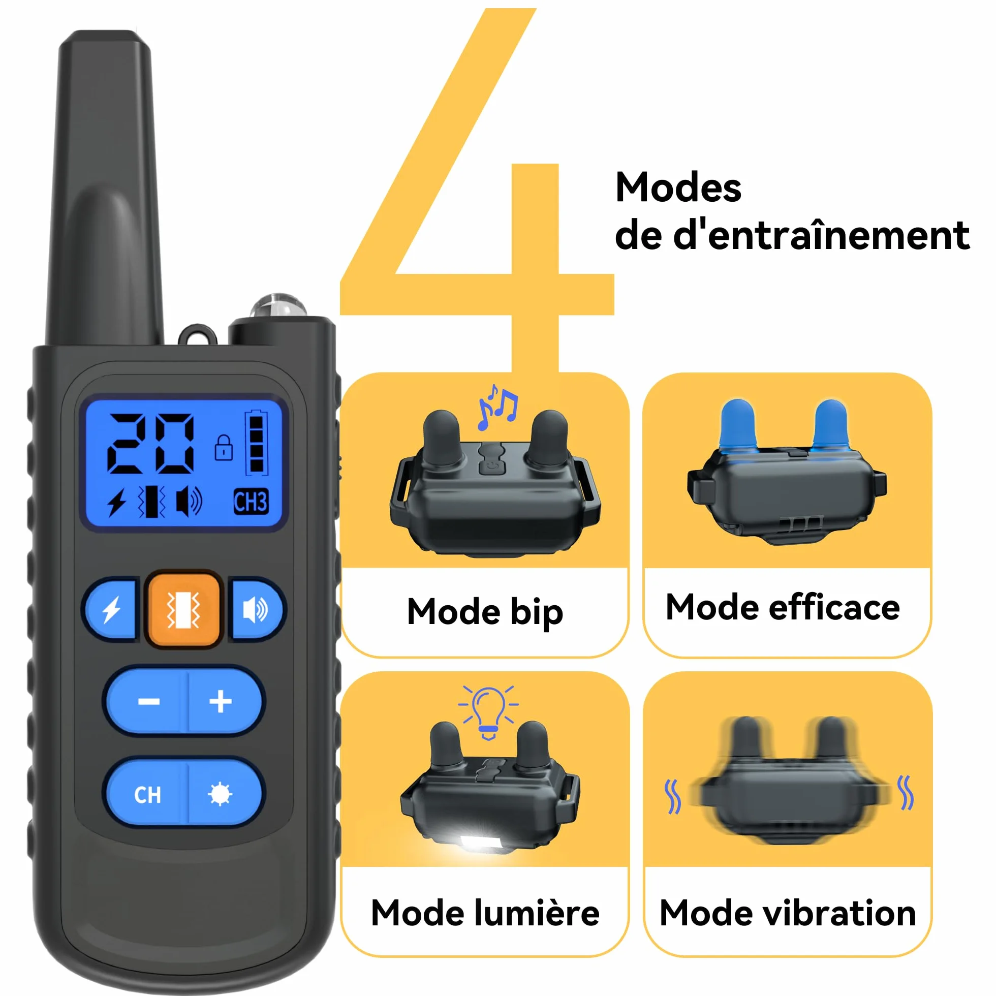 Meloive Collier de Dressage pour Chiens Rechargeable,Portée de 3000m,avec Mode Vibration,Son,Choc Statique et Lumière,IPX67 Résistant à L’Eau,Adapté Aux Chiens de Petites et Moyennes Tailles,Noir