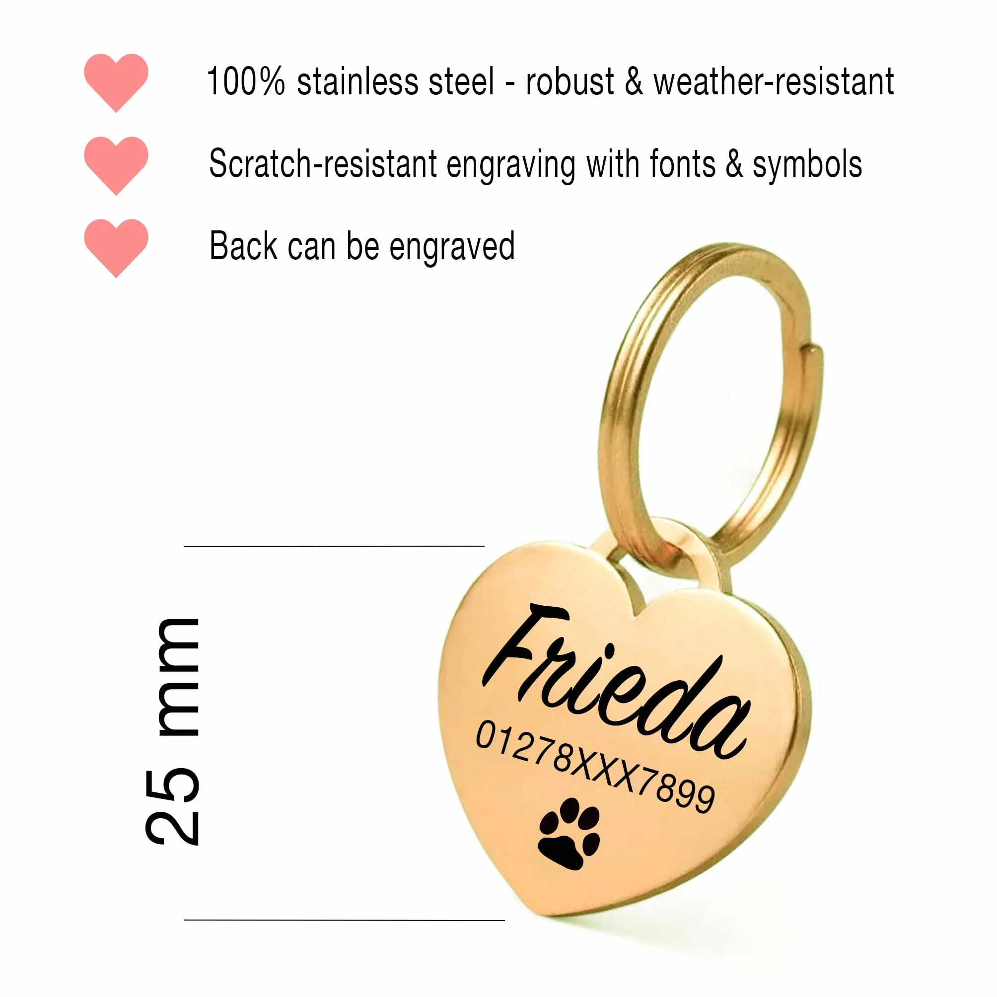 Médaille pour chien GOLDEN PAW en acier inoxydable avec gravure cœur personnalisable dogtag Or