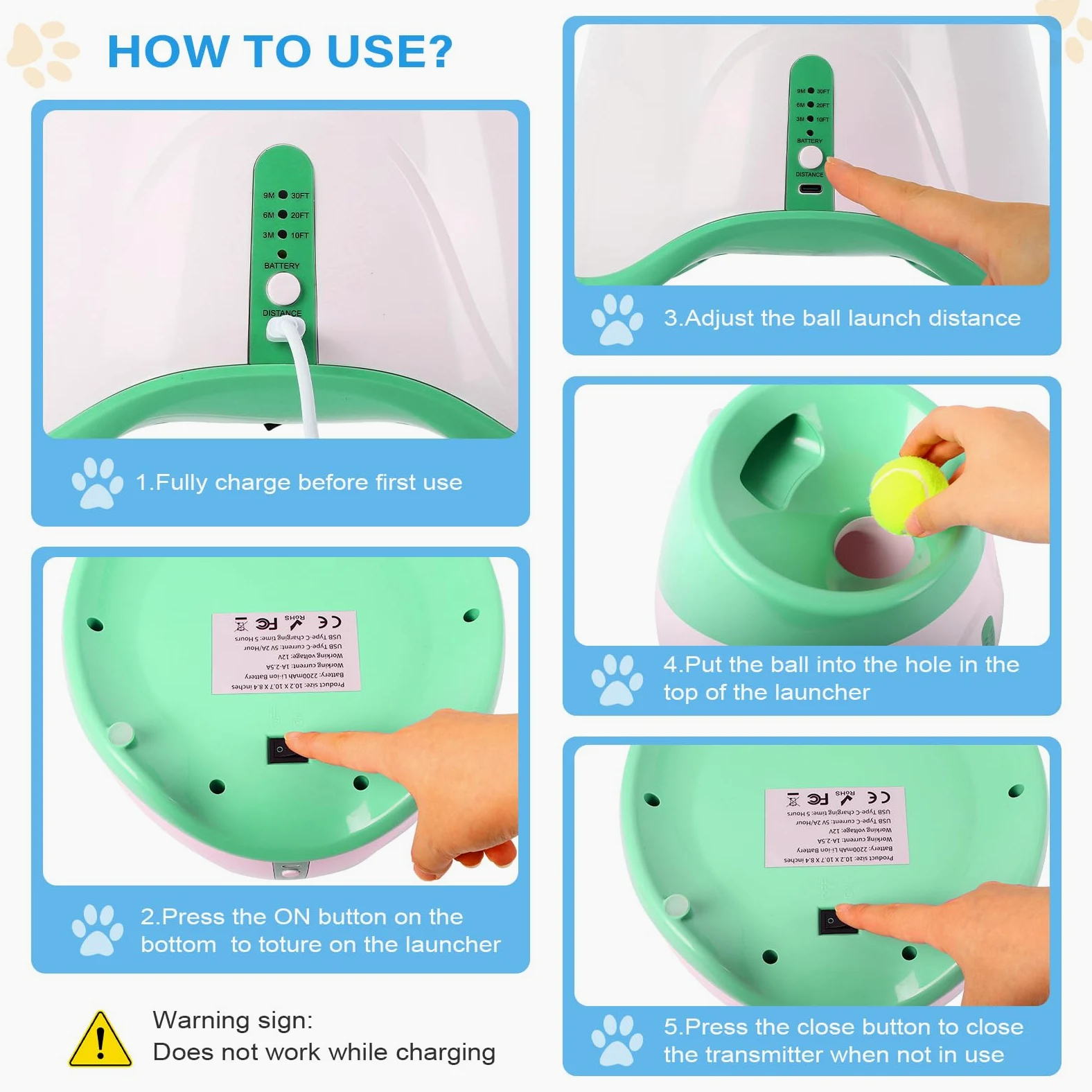 FAHKNS Lanceur Automatique de balles pour Chiens de Petite Taille, Jouet interactif d'intérieur/extérieur pour Chien, Lanceur de balles Rechargeable par USB, 3 à 9,1 m, Comprend 15 Mini balles de