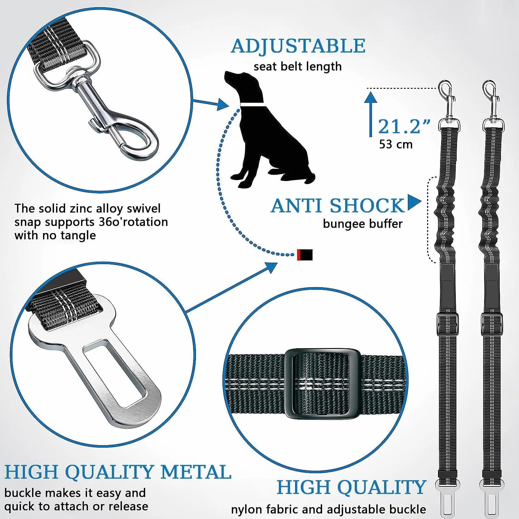 2pcs Ceinture de Sécurité pour Chien,Harnais Universel avec Mousqueton,Absorption des Chocs,Réglable,Noir,pour Tous Les Chiens et Chats