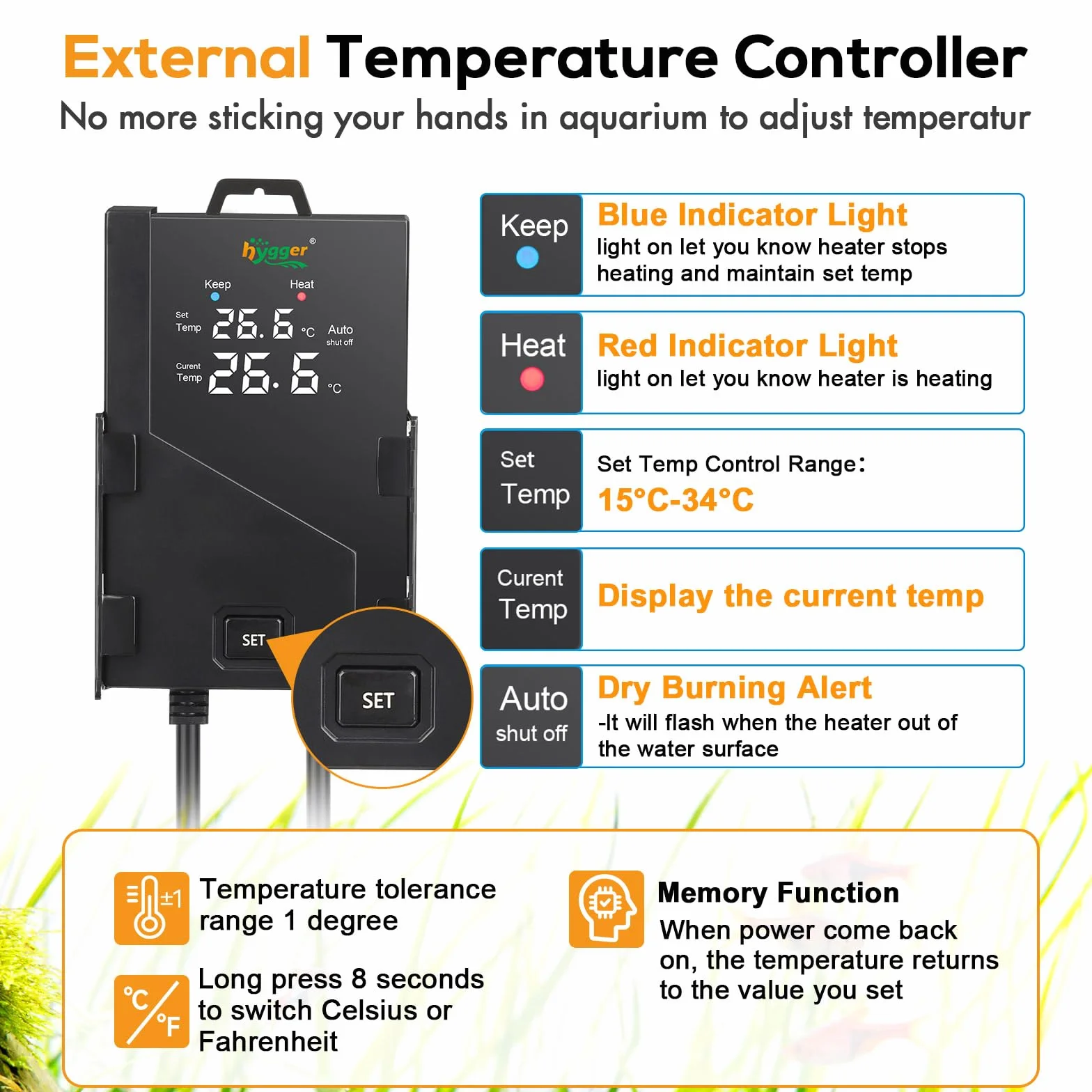 hygger Submersible Chauffage Aquarium,1000W Réglable Aquarium Heater Fish Tank Heater avec Digital Display Controller Chauffage Aquarium Tortue de 492-984L Freshwater Tanks