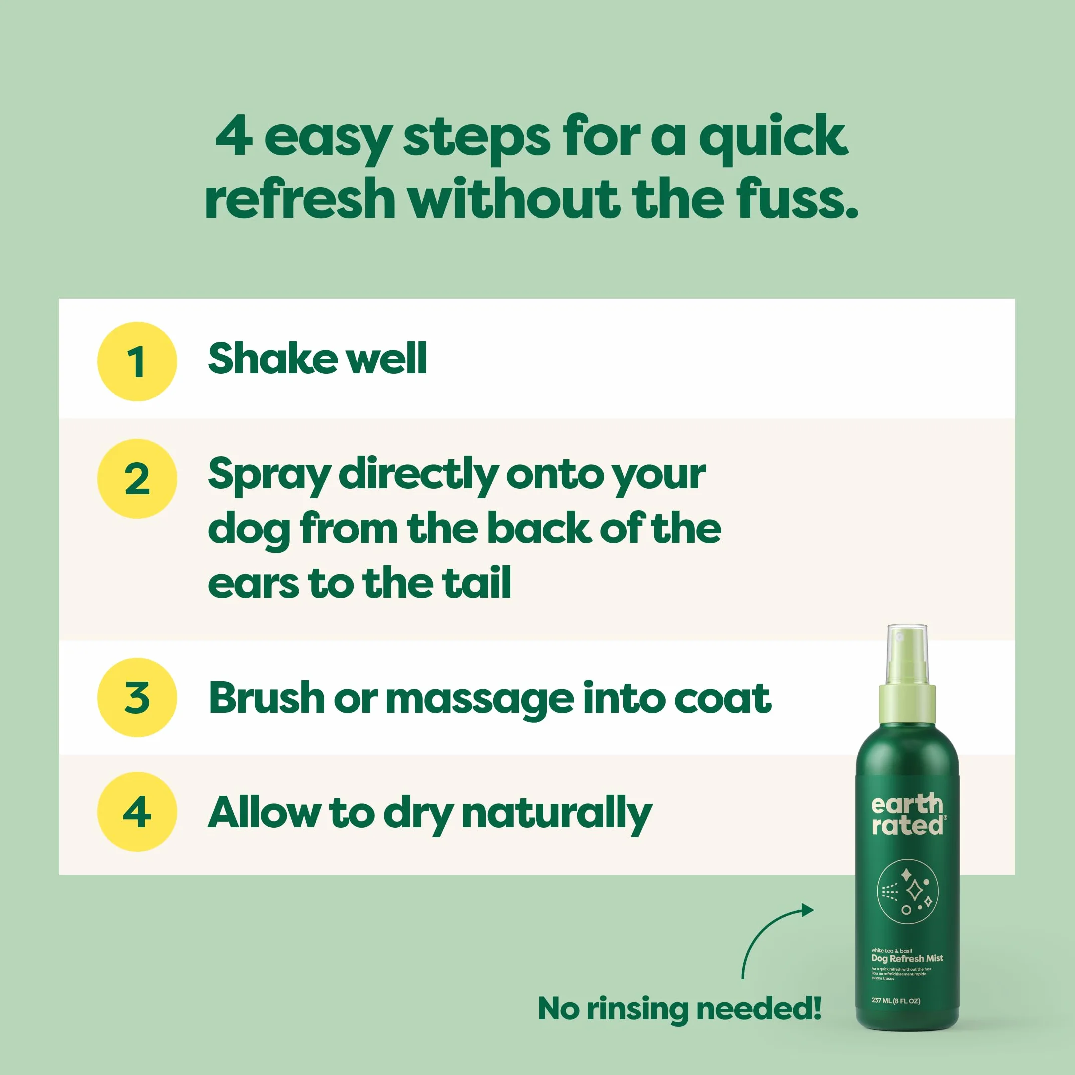 Earth Rated Spray désodorisant pour chien 236,8 g éliminant les odeurs tous types de pelage parfum thé blanc basilic