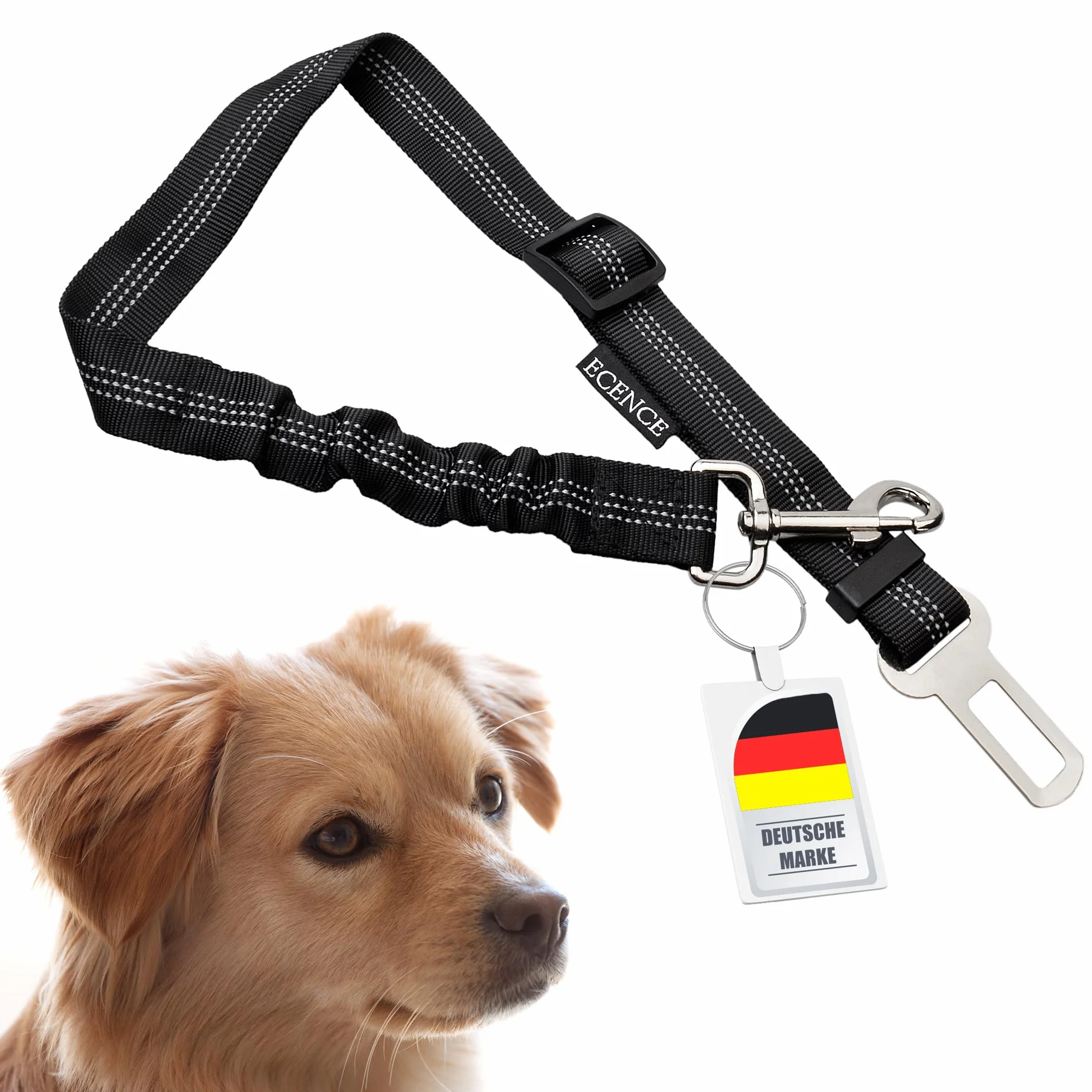 ECENCE Ceinture Chien Voiture - Harnais Voiture Chien - Ceinture de sécurité avec système d’Amortissement élastique et Mousqueton pour Tous Les Chiens et Chats